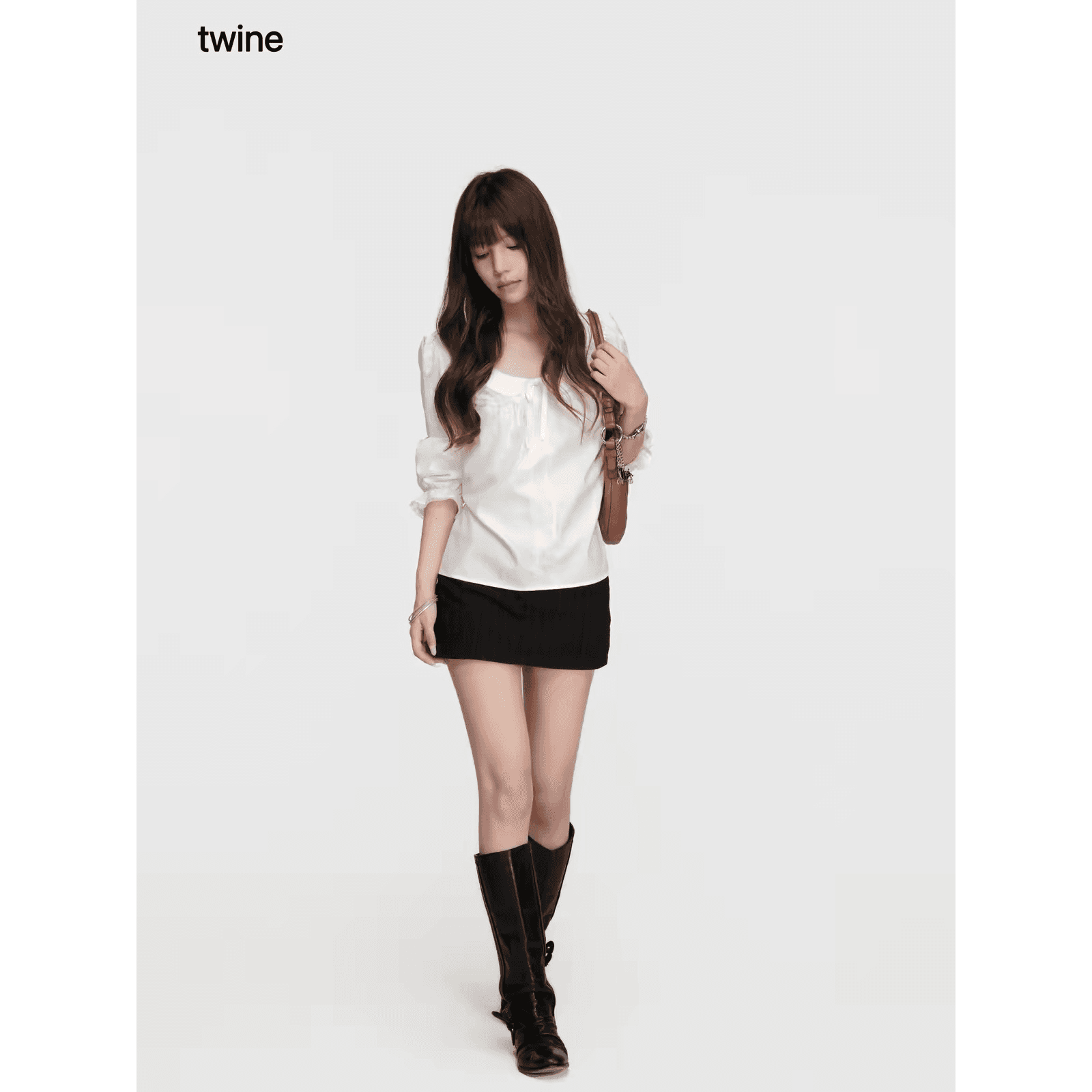 twine 화이트 레이스 조각 베이비 칼라 수 있습니다. 허리 수축 7부 소매 셔츠 이미지 5
