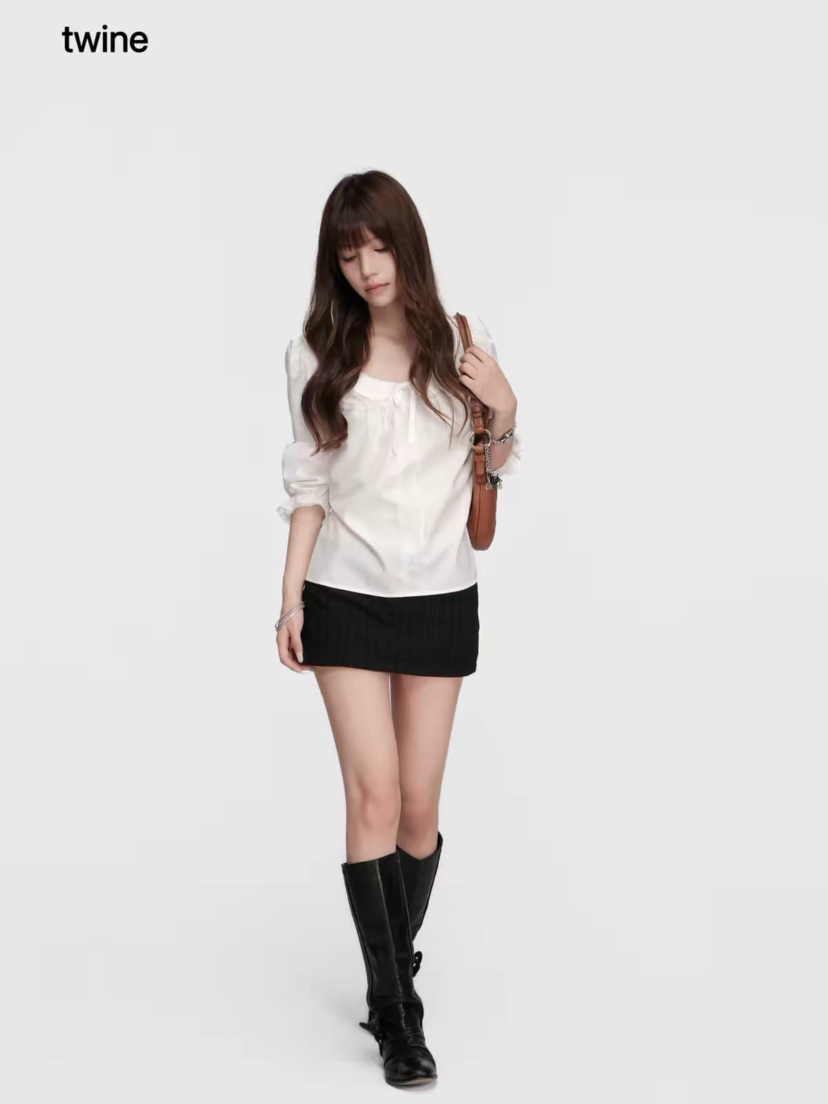 twine 화이트 레이스 조각 베이비 칼라 수 있습니다. 허리 수축 7부 소매 셔츠 상세 이미지 5