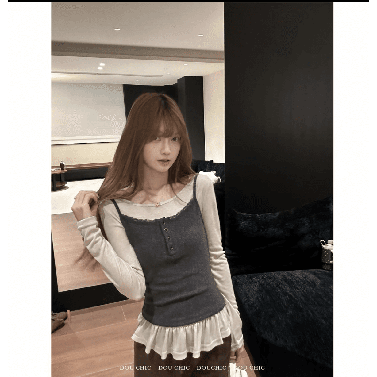 한 부서 레이스 레이스 배색 패치워크 프릴 밑단 페이크 레이어드 긴팔 맨위 여성 가을 새로운 이미지 5