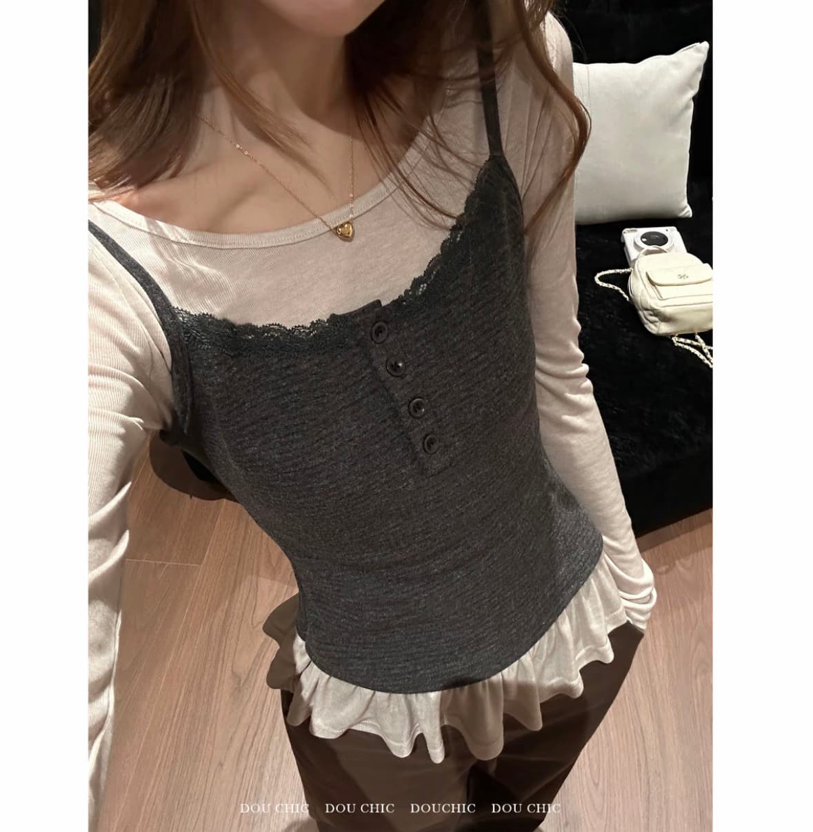 한 부서 레이스 레이스 배색 패치워크 프릴 밑단 페이크 레이어드 긴팔 맨위 여성 가을 새로운 상세 이미지 5