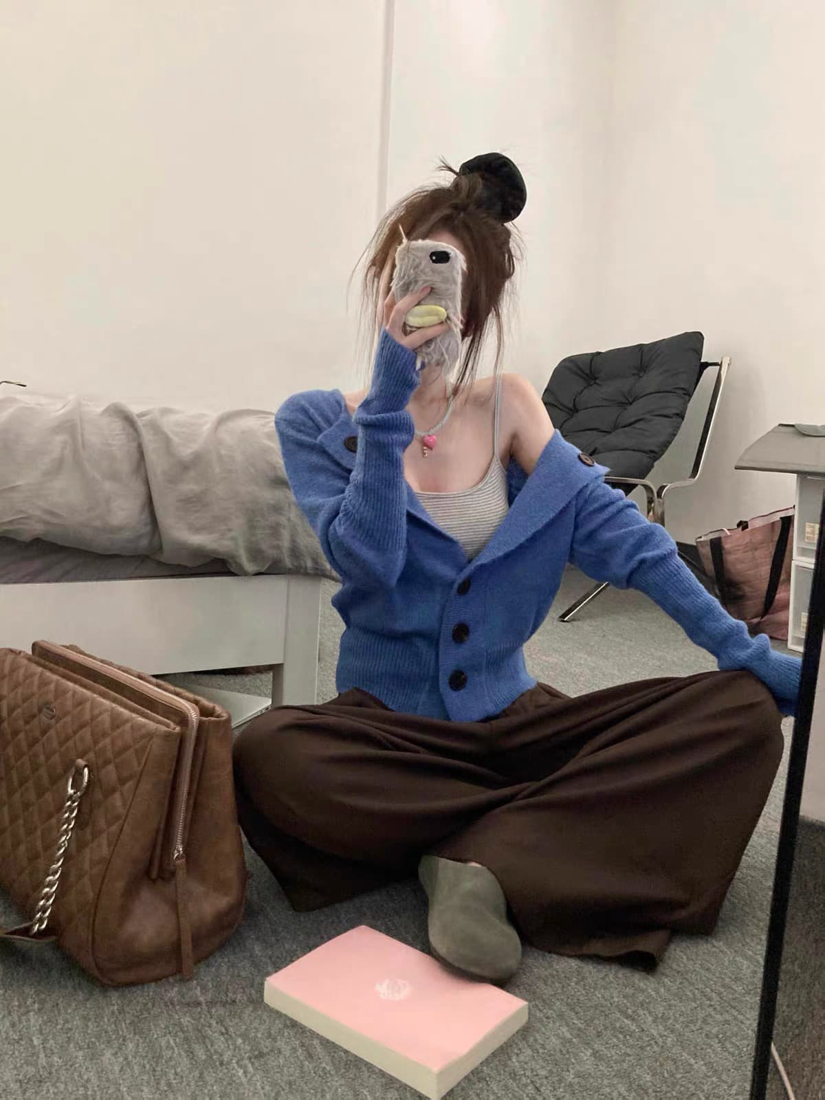 한 부서 파란색 긴팔 니트 오픈 가디건 여성 의류 조기 가을 캐주얼 느긋한 바람 품격 허리 수축 외부 가져 가라. 핫걸 맨위
