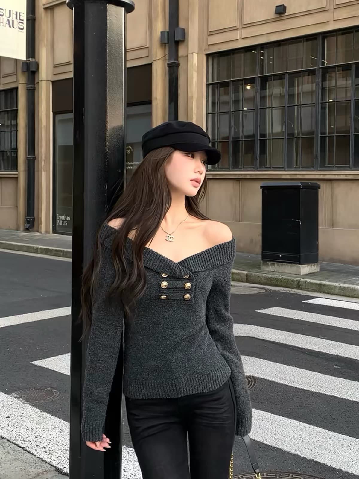 레드 맨 파빌리온 양모 니트 스웨터 여성 가을 2026 새로운 회색 인사이드 잡아라. 의류 몸매 가꾸기 오프숄더 핫걸 스웨터 상세 이미지 2