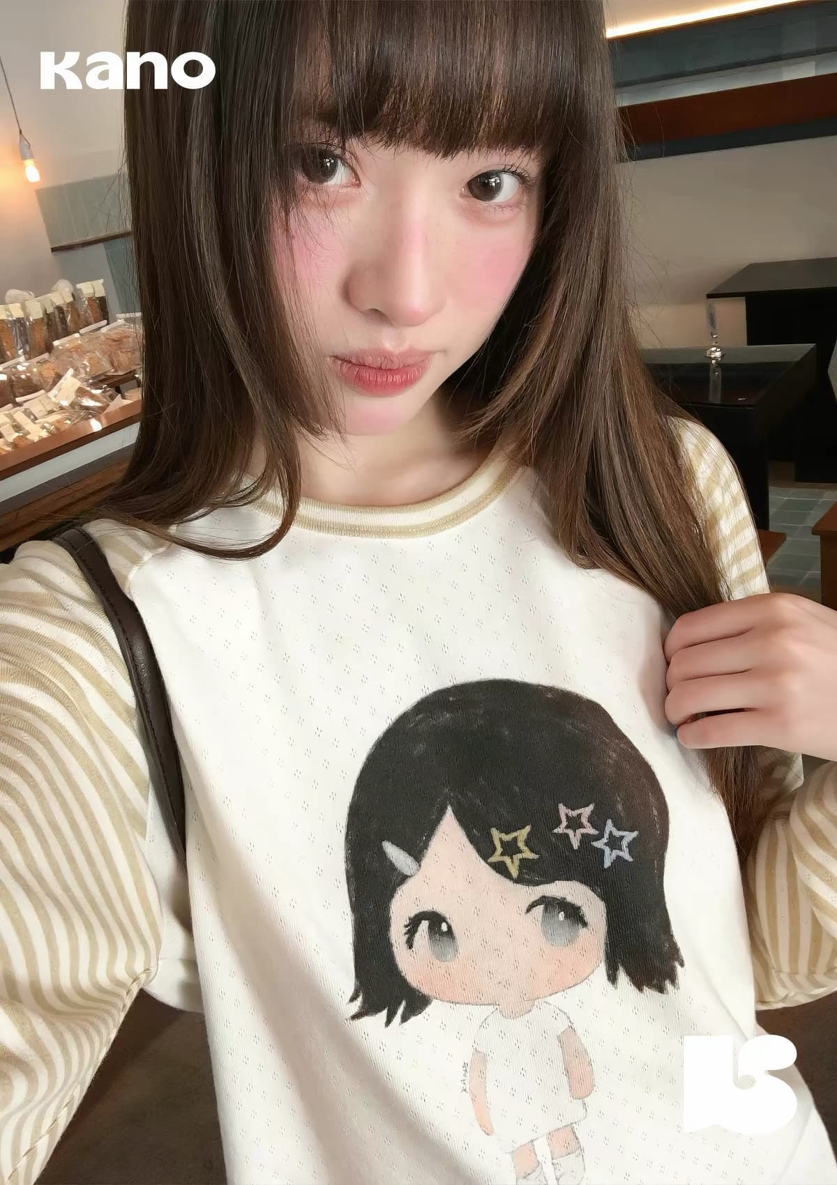 안녕하세요. 대포 스트라이프 패치워크 색상 삽입 어깨 프린트 긴팔 티셔츠 여성 가을 새로운 달콤함 부드러운 품격 다용도 맨위