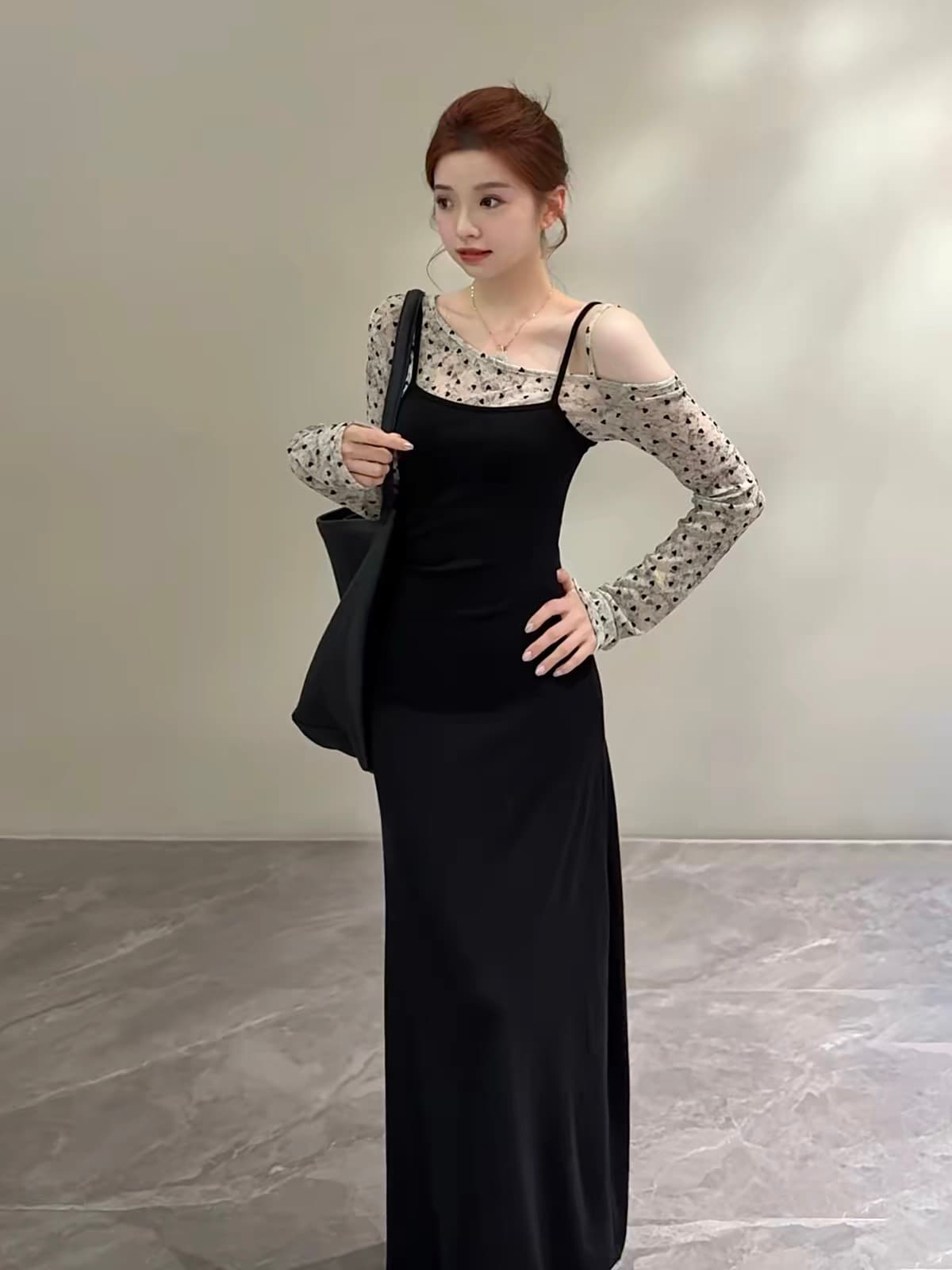 노래 송 이른 가을 새로운 하트 도트 무늬 비스듬한 어깨 패치워크 허리 수축 슬림해 보이는 품격 페이크 레이어드 드레스 dt2560 이미지 3