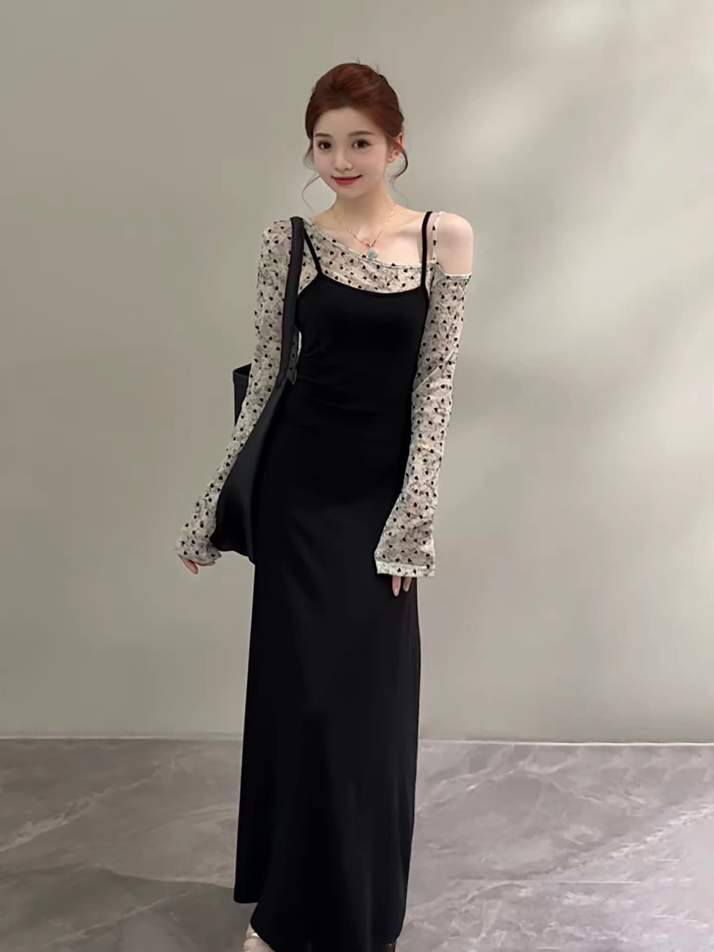 노래 송 이른 가을 새로운 하트 도트 무늬 비스듬한 어깨 패치워크 허리 수축 슬림해 보이는 품격 페이크 레이어드 드레스 dt2560 상세 이미지 1