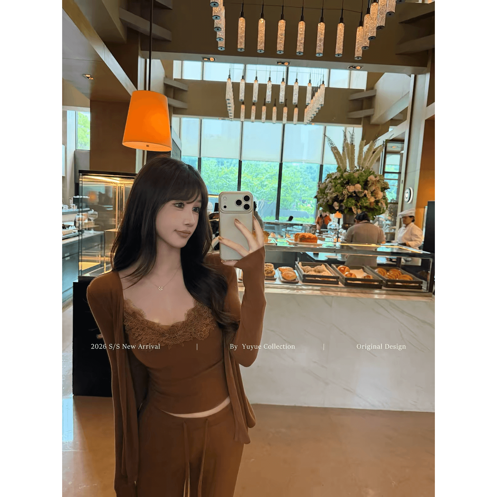 yuyueer 즐거움 유 왕위 무거운 작업 레이스 V넥 슬립 외부 가져 가라. 오픈 가디건 도루 센스 넓은 다리 길이 바지 가을 세트 이미지 5