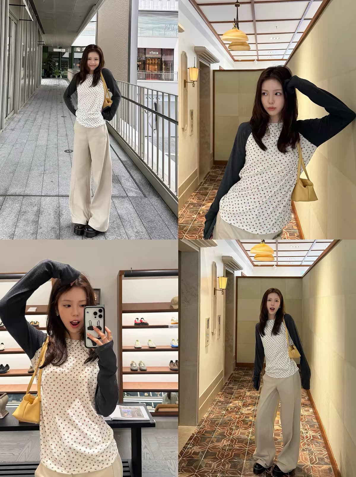 tuuuh 그림 그림책 회색 소매 꽃무늬 꽃무늬 탄소 회색 긴팔 라운드 넥 티셔츠 여성 가을 맨위 상세 이미지 1