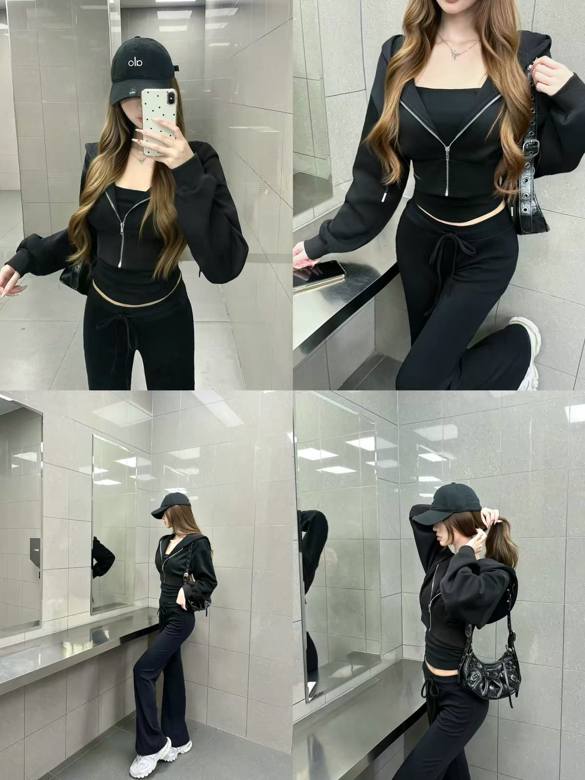 화이트 워터 여성 원 영어 공기 후드티 세트 그룹 짧은 후드 티 스웨터 슬립 여성 긴 바지 검정색 세트 이미지 3