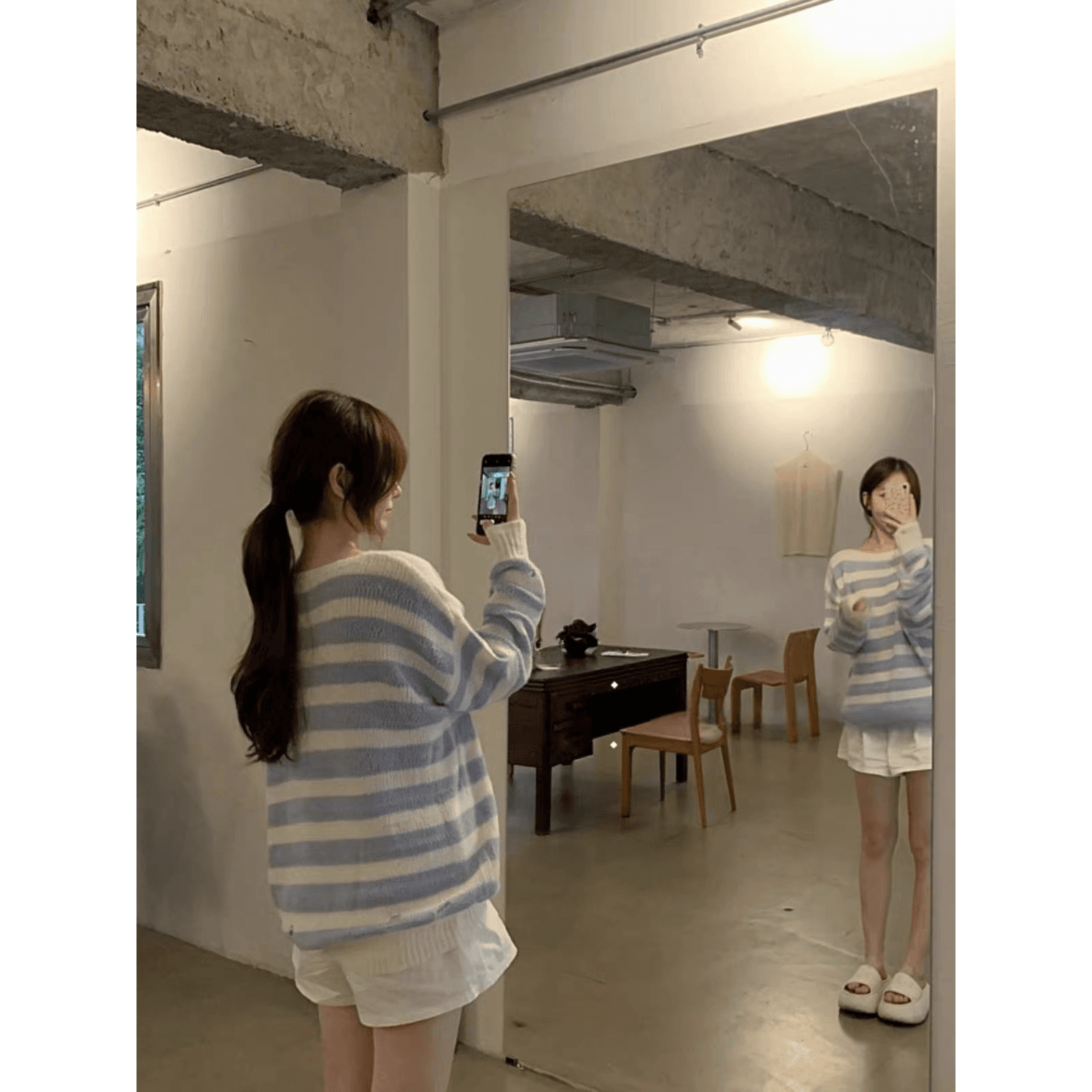 한 부서 스트라이프 라운드 넥 풀오버 니트 스웨터 여자 조기 가을 분위기 센스 느긋한 바람 루즈핏 아름다운 긴팔 맨위 이미지 5