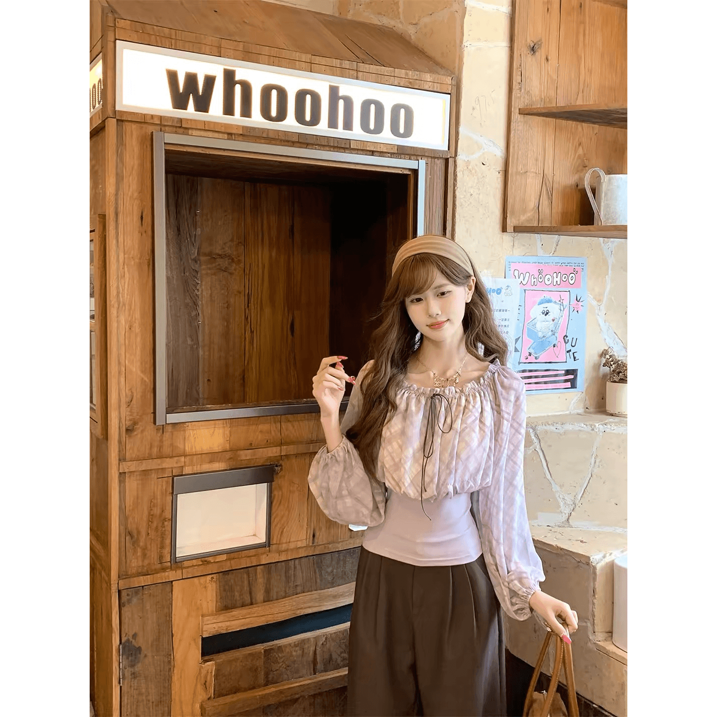 tailormom 등나무 오프숄더 둘 착용 맨위 체크무늬 패치워크 허리 수축 긴팔 쉬폰 블라우스 맨위 이미지 5