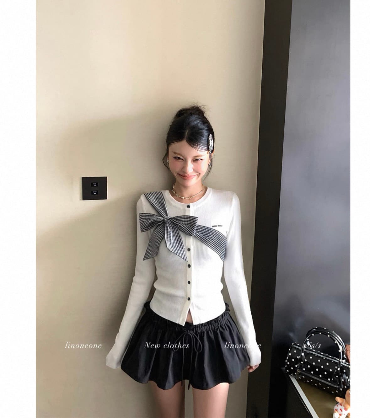 linoneone lucky 소녀 더블 색상 체크무늬 나비 매듭 긴팔 티셔츠 디자인 센스 배색 니트 맨위 상세 이미지 6