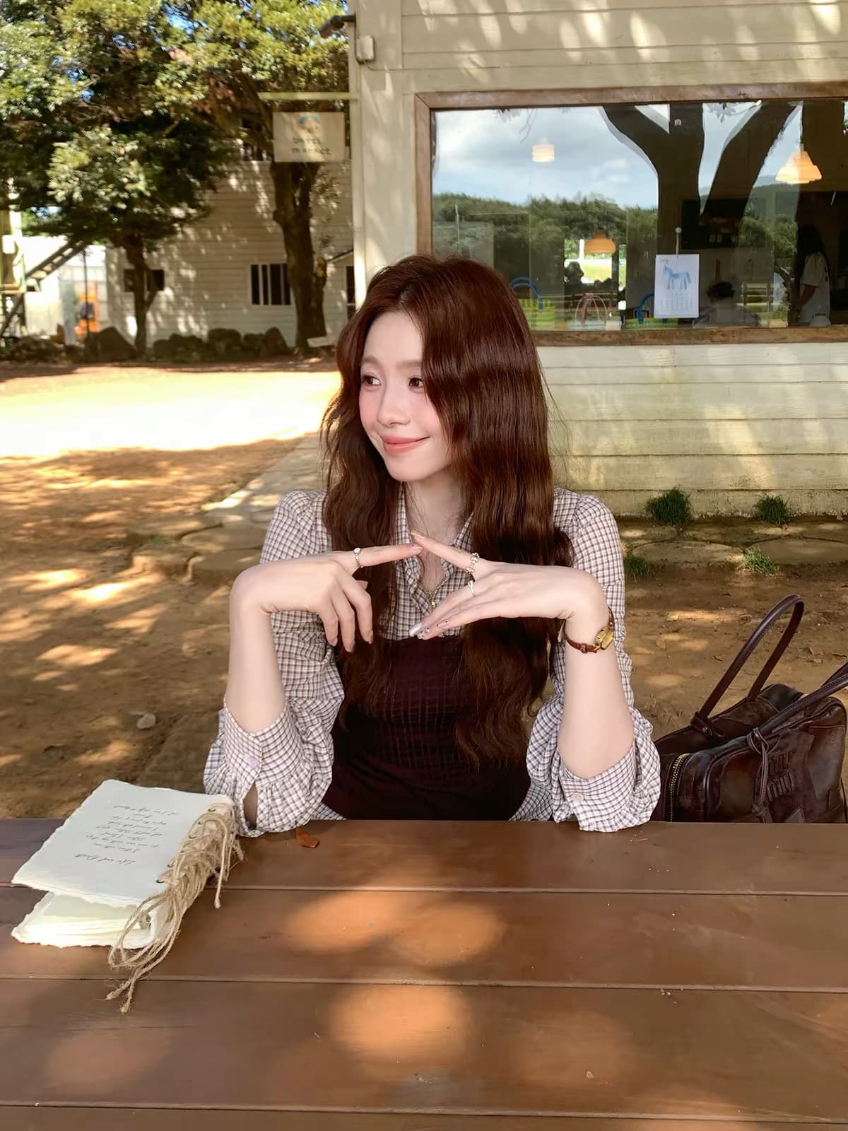 even 하나 원자바오 가을의 날 브라운 니켈 한 부서 높음 지혜 센스 패치워크 페이크 레이어드 체크무늬 니트 맨위 긴팔