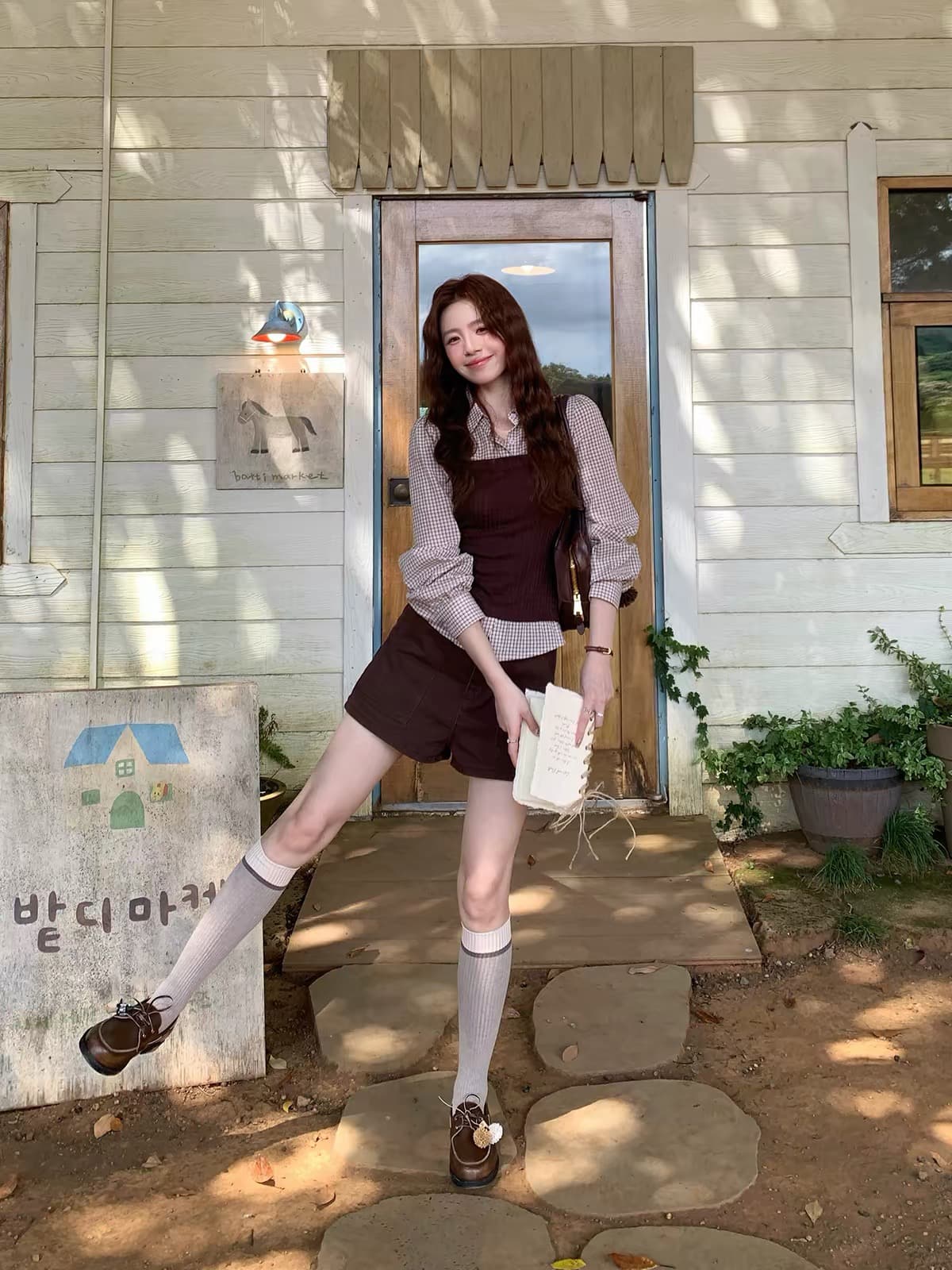 even 하나 원자바오 가을의 날 브라운 니켈 한 부서 높음 지혜 센스 패치워크 페이크 레이어드 체크무늬 니트 맨위 긴팔 이미지 3