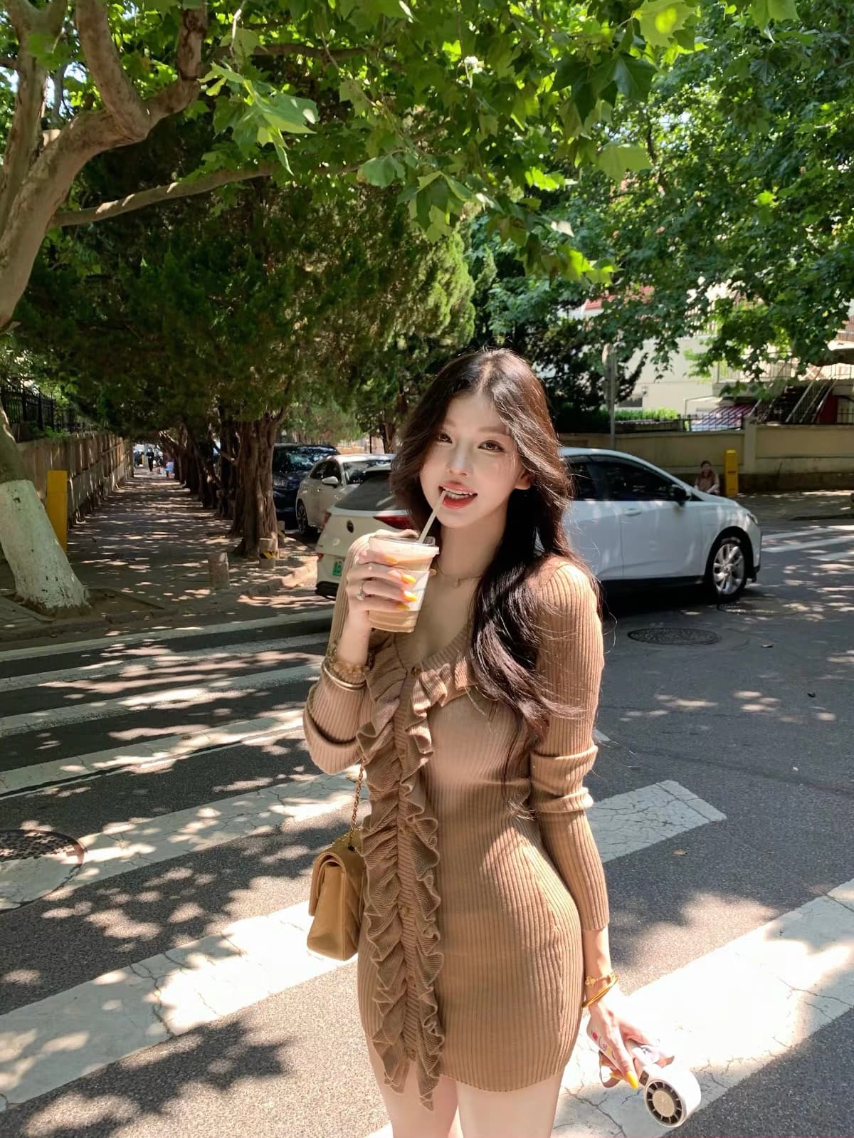 farte shop 레이스 마음 카키 색 V넥 프릴 여성 드레스 봄 가을 타이트 스커트 미니 스커트