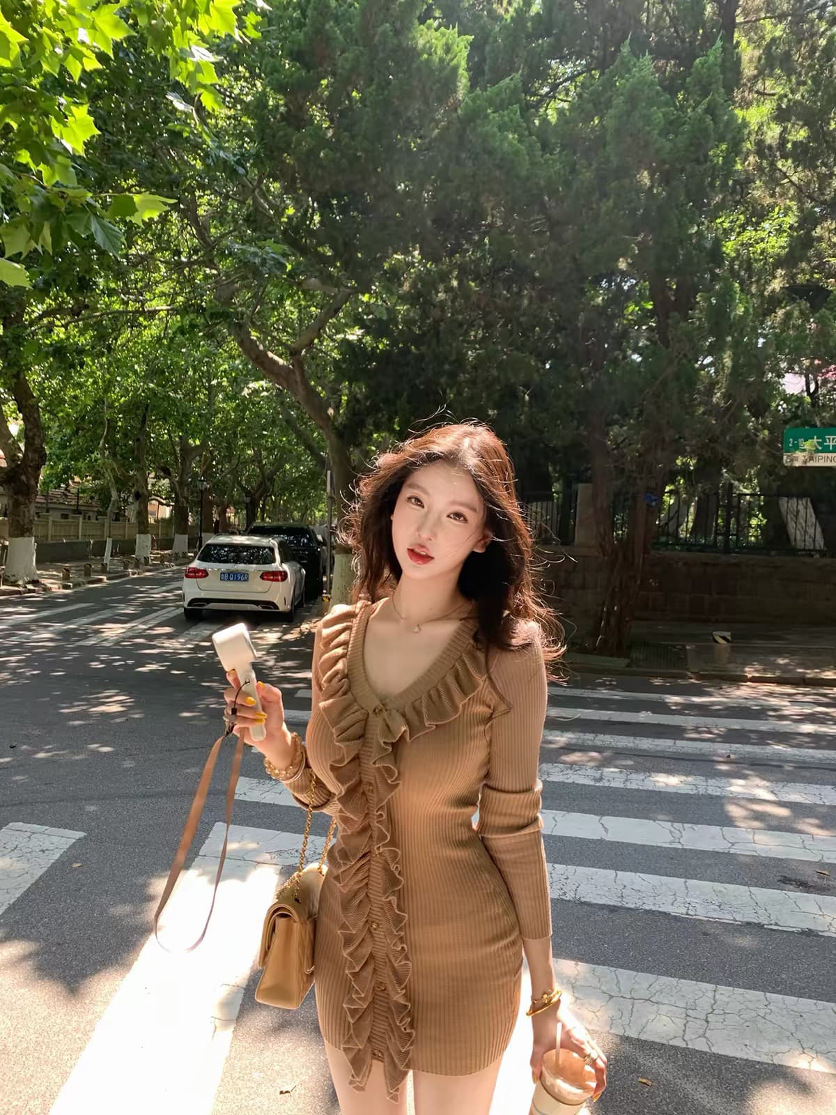 farte shop 레이스 마음 카키 색 V넥 프릴 여성 드레스 봄 가을 타이트 스커트 미니 스커트 상세 이미지 4