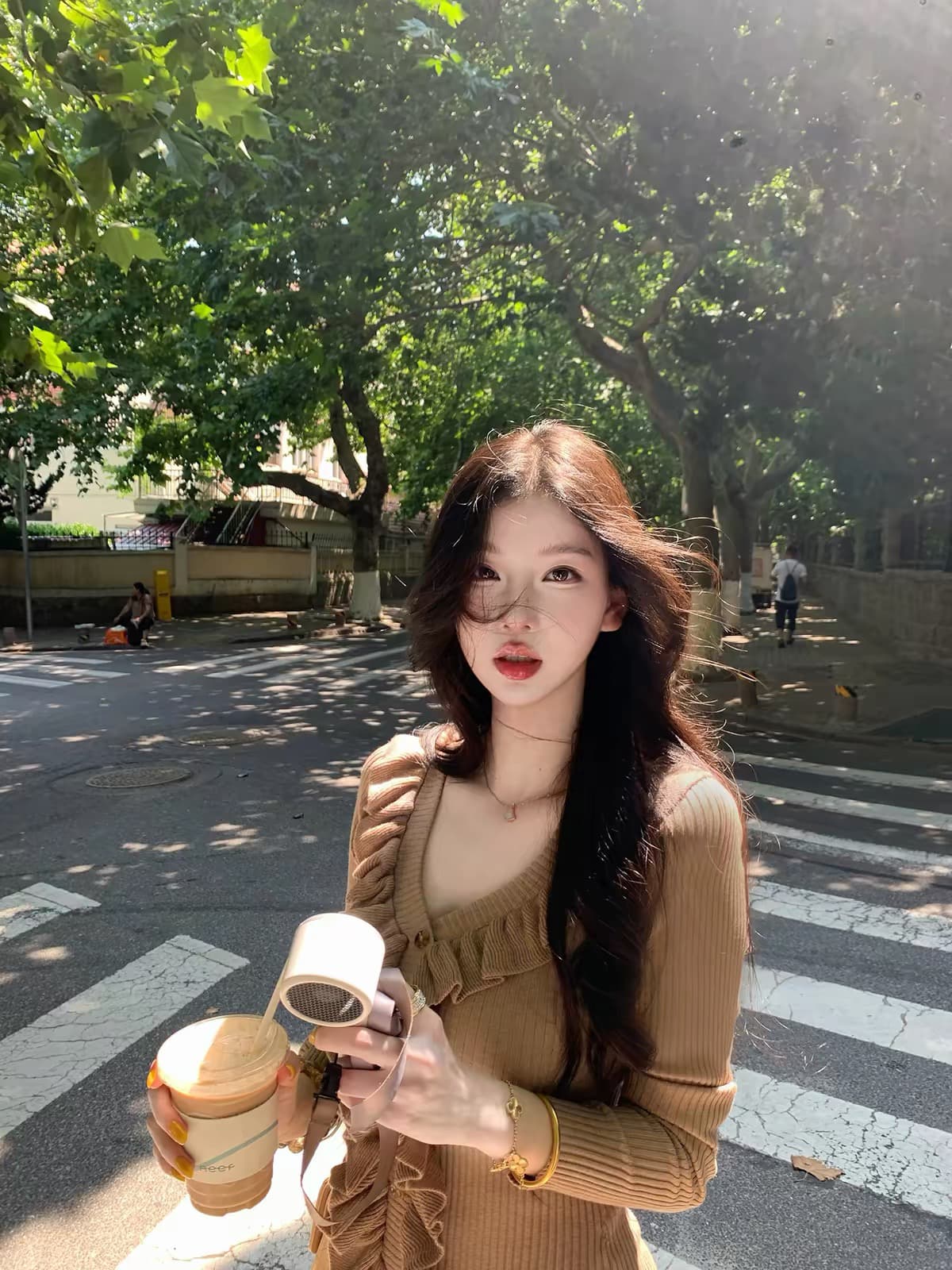 farte shop 레이스 마음 카키 색 V넥 프릴 여성 드레스 봄 가을 타이트 스커트 미니 스커트 상세 이미지 5
