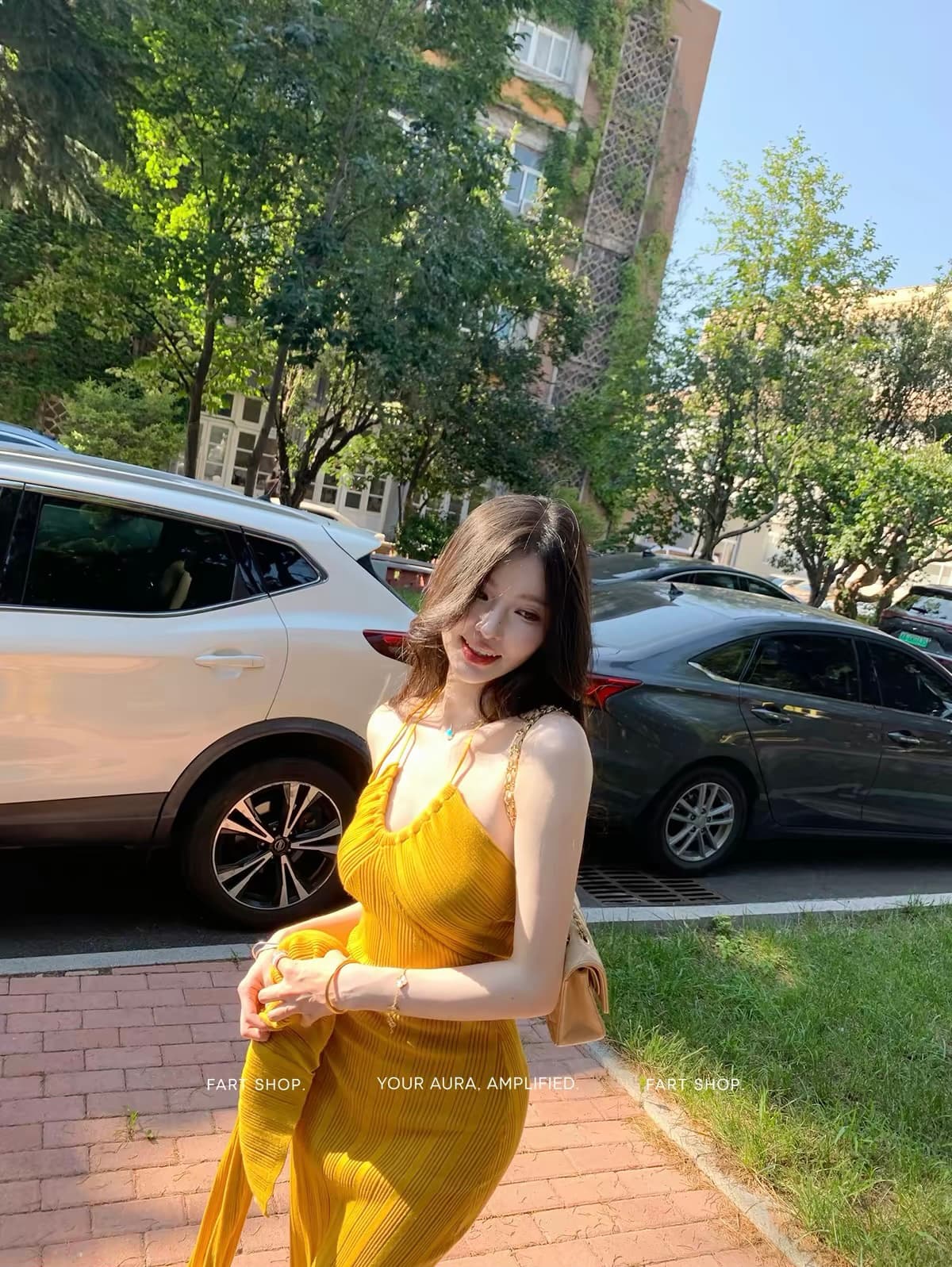 farte shop 꿀 허리 선 행침 목 드레스 오픈 가디건 세트 여성 봄 가을 몸매 가꾸기 투피스 세트