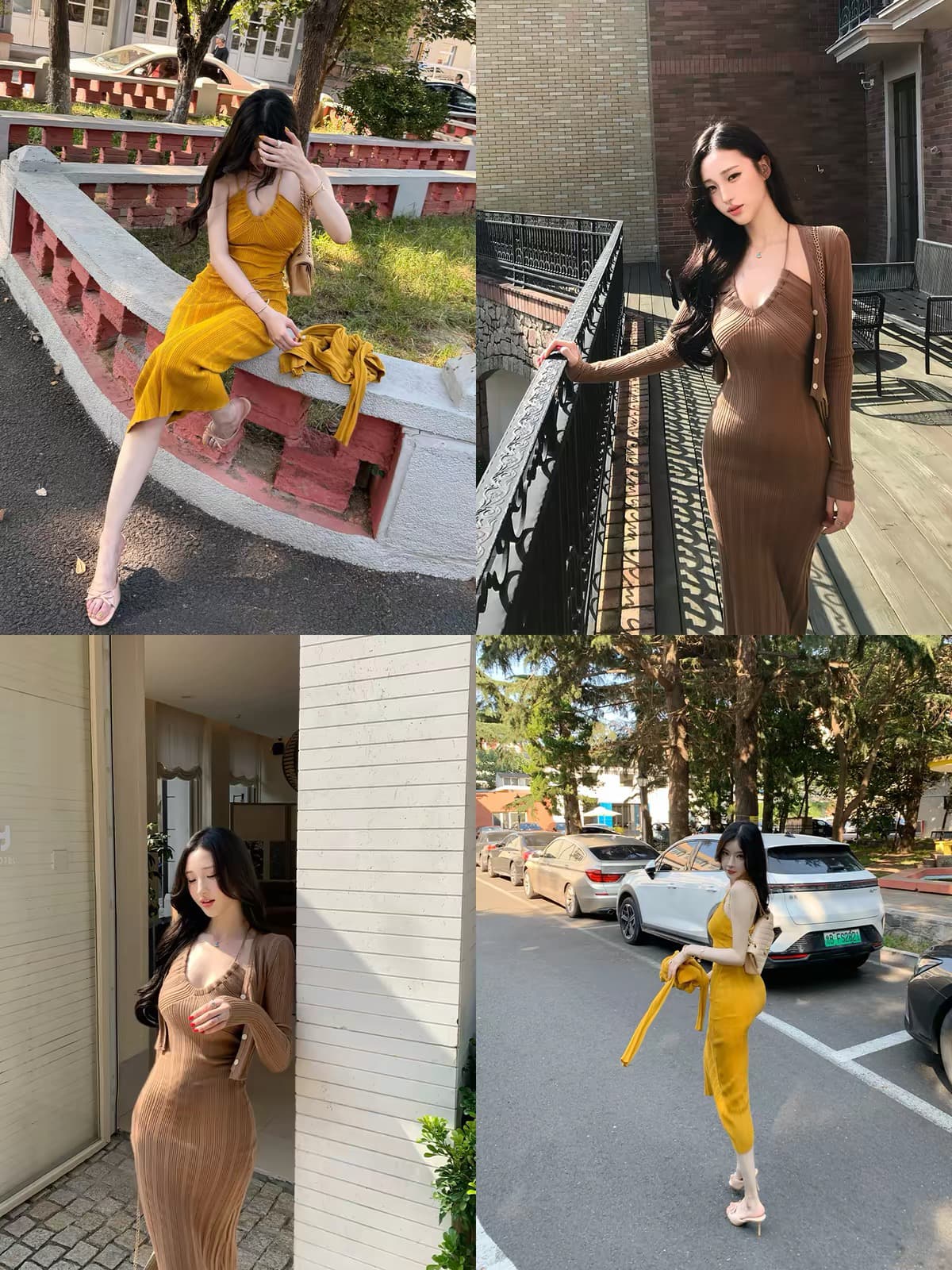 farte shop 꿀 허리 선 행침 목 드레스 오픈 가디건 세트 여성 봄 가을 몸매 가꾸기 투피스 세트 이미지 2