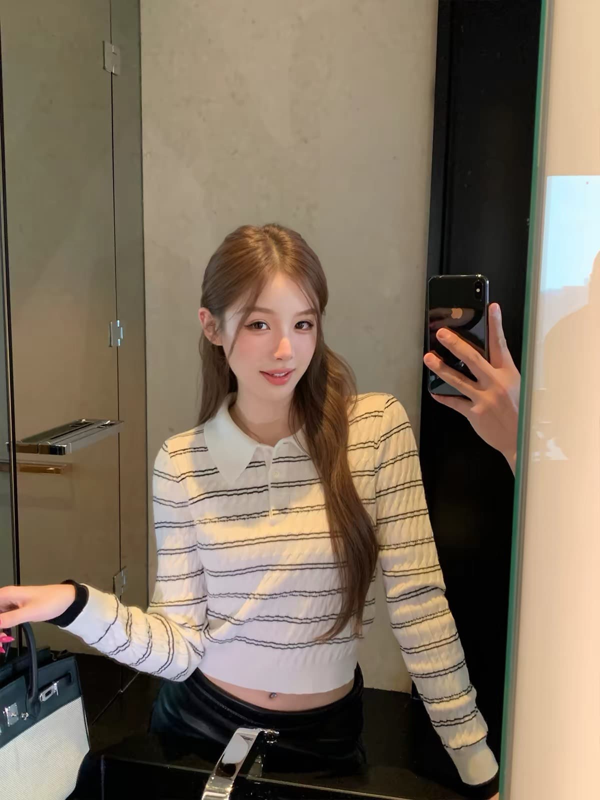 hamyiho miu 부서 배색 스트라이프 POLO 칼라 긴팔 티셔츠 여성 슬림해 보이는 인사이드 가져 가라. 기본 셔츠 폴로 칼라 맨위 가을 이미지 3