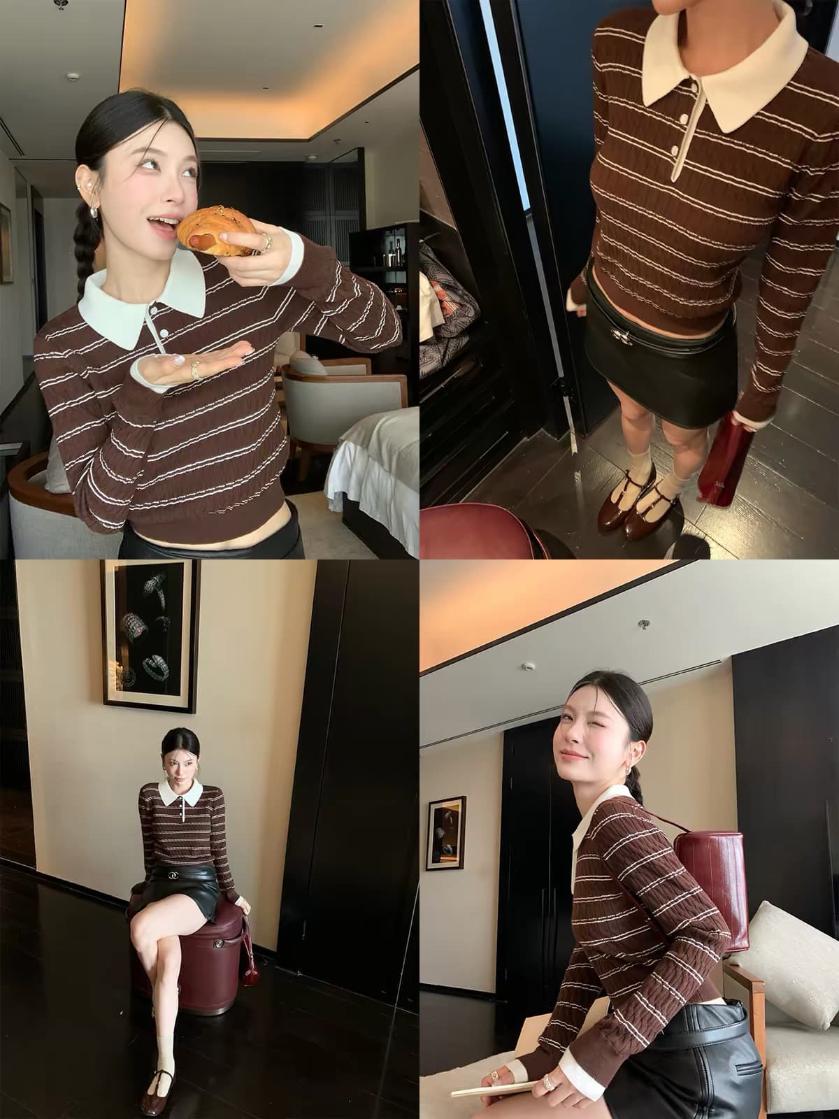 hamyiho miu 부서 배색 스트라이프 POLO 칼라 긴팔 티셔츠 여성 슬림해 보이는 인사이드 가져 가라. 기본 셔츠 폴로 칼라 맨위 가을 이미지 4