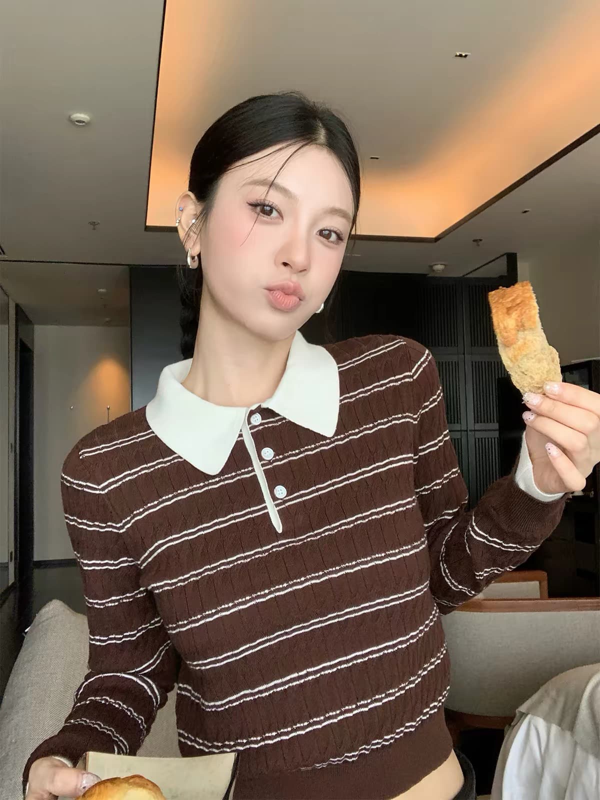 hamyiho miu 부서 배색 스트라이프 POLO 칼라 긴팔 티셔츠 여성 슬림해 보이는 인사이드 가져 가라. 기본 셔츠 폴로 칼라 맨위 가을 상세 이미지 1