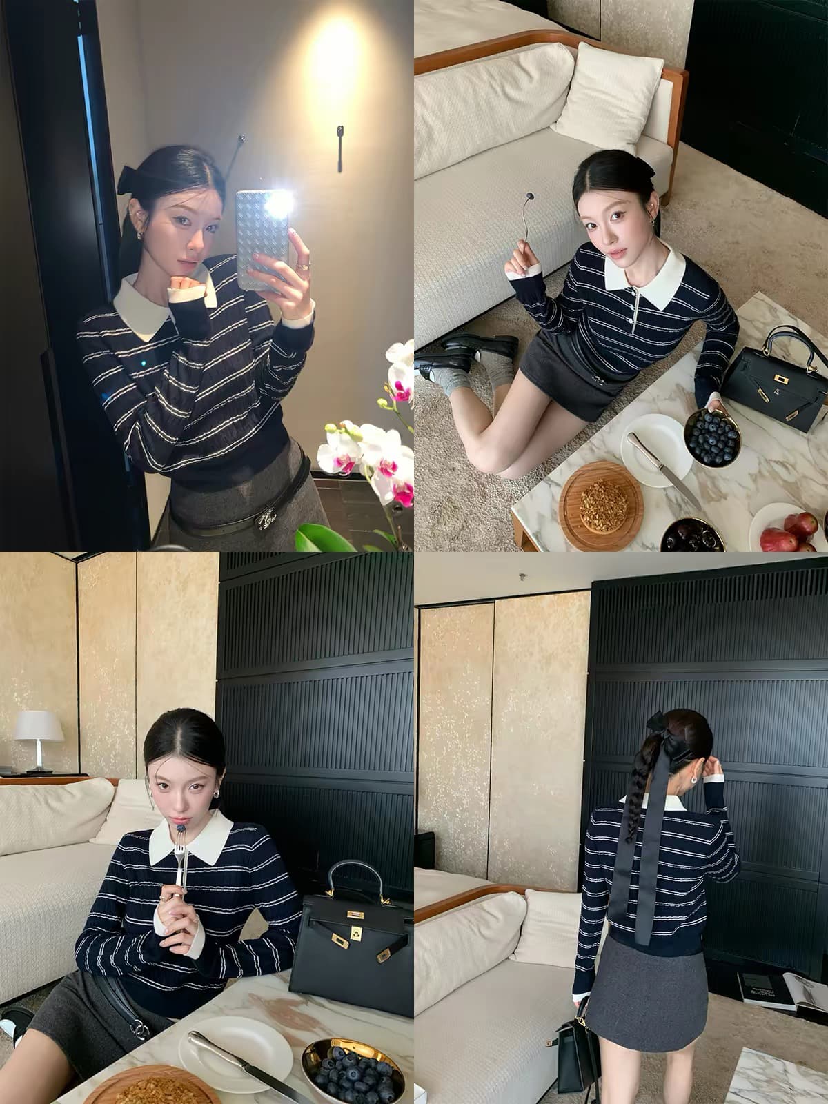 hamyiho miu 부서 배색 스트라이프 POLO 칼라 긴팔 티셔츠 여성 슬림해 보이는 인사이드 가져 가라. 기본 셔츠 폴로 칼라 맨위 가을 상세 이미지 2