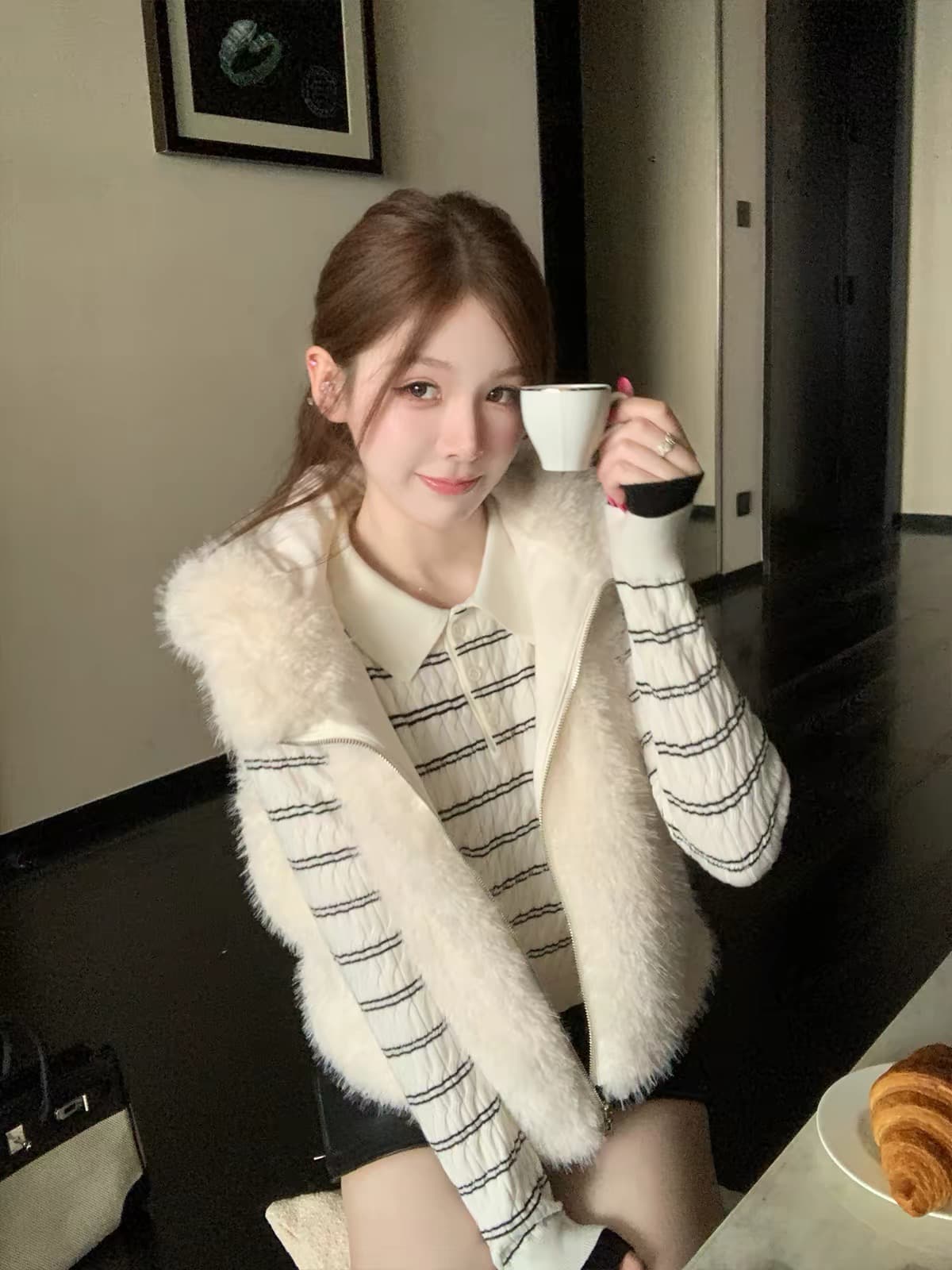 hamyiho miu 부서 배색 스트라이프 POLO 칼라 긴팔 티셔츠 여성 슬림해 보이는 인사이드 가져 가라. 기본 셔츠 폴로 칼라 맨위 가을 상세 이미지 5