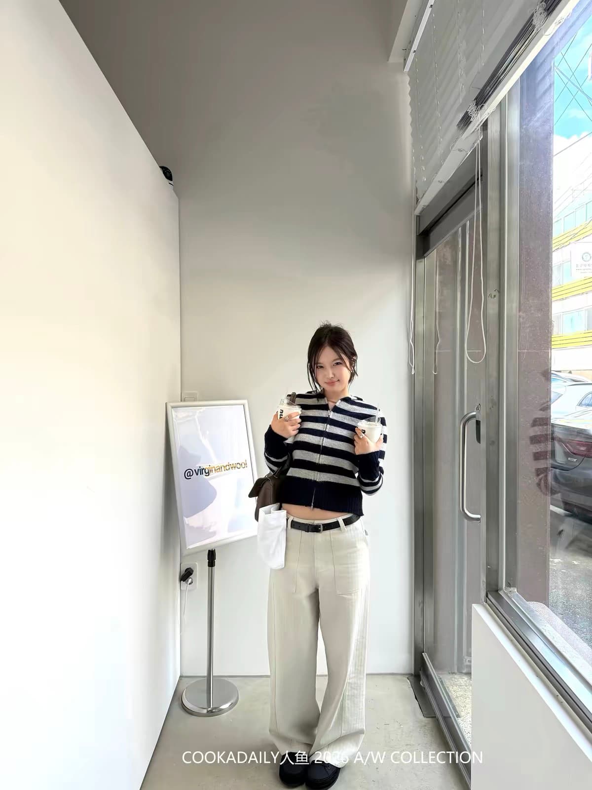 cookadaily 인어 스트라이프 캐주얼 바람 단색 지퍼 후드 니트 슬림해 보이는 플러시 플러시 후드티 재킷 이미지 2