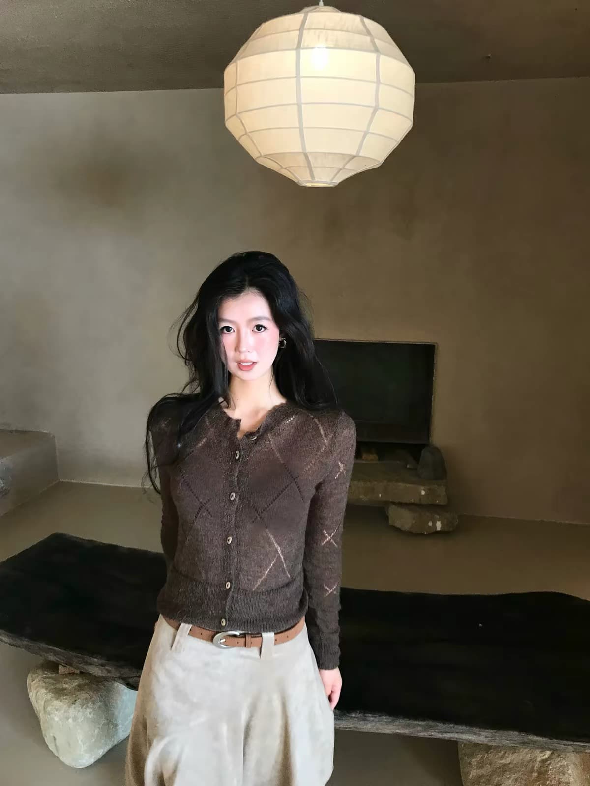 한 번 물고기 적갈색 이른 가을 레트로 링 그리드 자카드 니트 오픈 가디건 여성 몸매 가꾸기 쇼트 스타일 품격 다용도 외출용 상세 이미지 2
