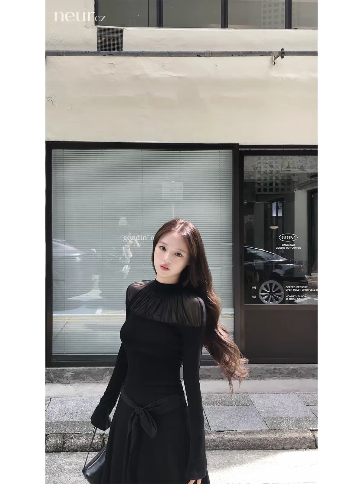 neurcz 주름 반하이넥 슬림해 보이는 긴팔 맨위 여성 가을 망사 패치워크 기본 셔츠 분위기 센스 인사이드 가져 가라. 상세 이미지 5