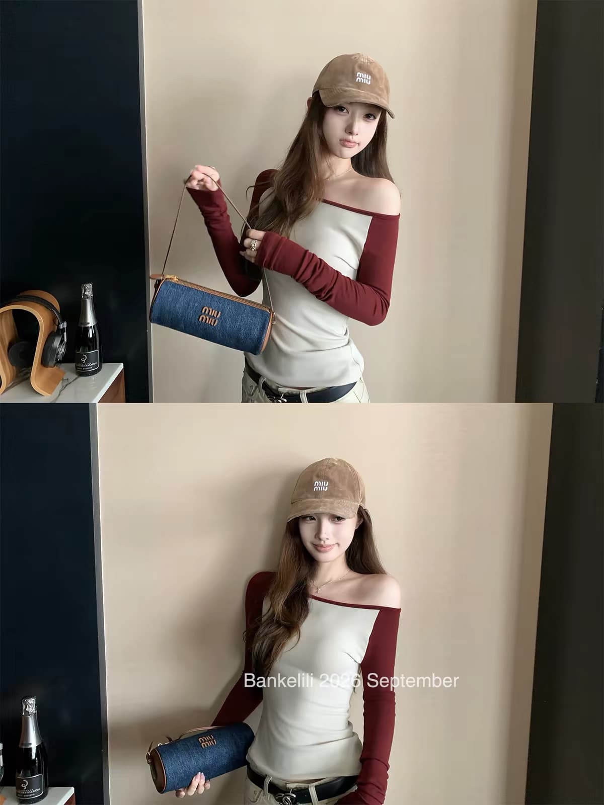 밤나무 코코아 bankelili 서울 연인 한 부서 배색 삽입 어깨 소매 오프숄더 슬림해 보이는 얇은 스타일 긴팔 티셔츠 이미지 4