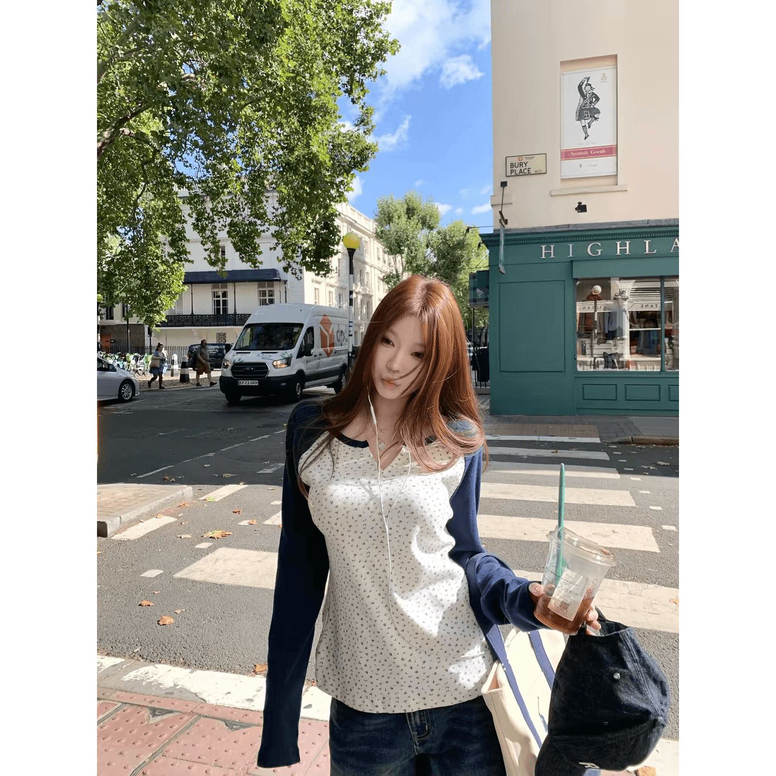 suuuicee 꽃 작 은 상자 파편 작은 v 종류 라운드 넥 디자인 삽입 어깨 소매 꽃무늬 프린트 긴팔 티셔츠 이미지 5