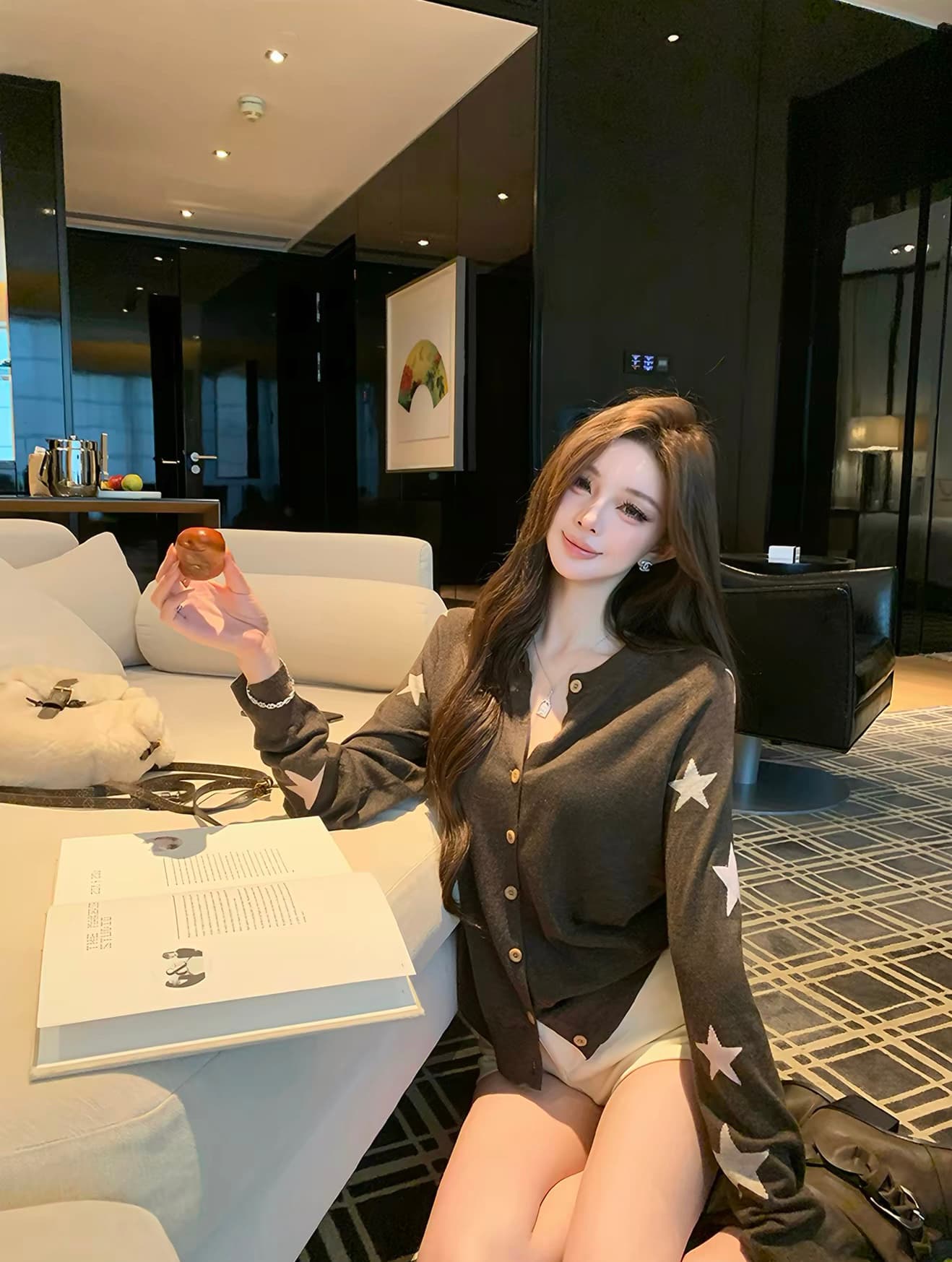 치우 고기 야오 찬성 별빛 배색 별 긴팔 니트 스웨터 여성 가을 새로운 느긋한 바람 다용도 맨위