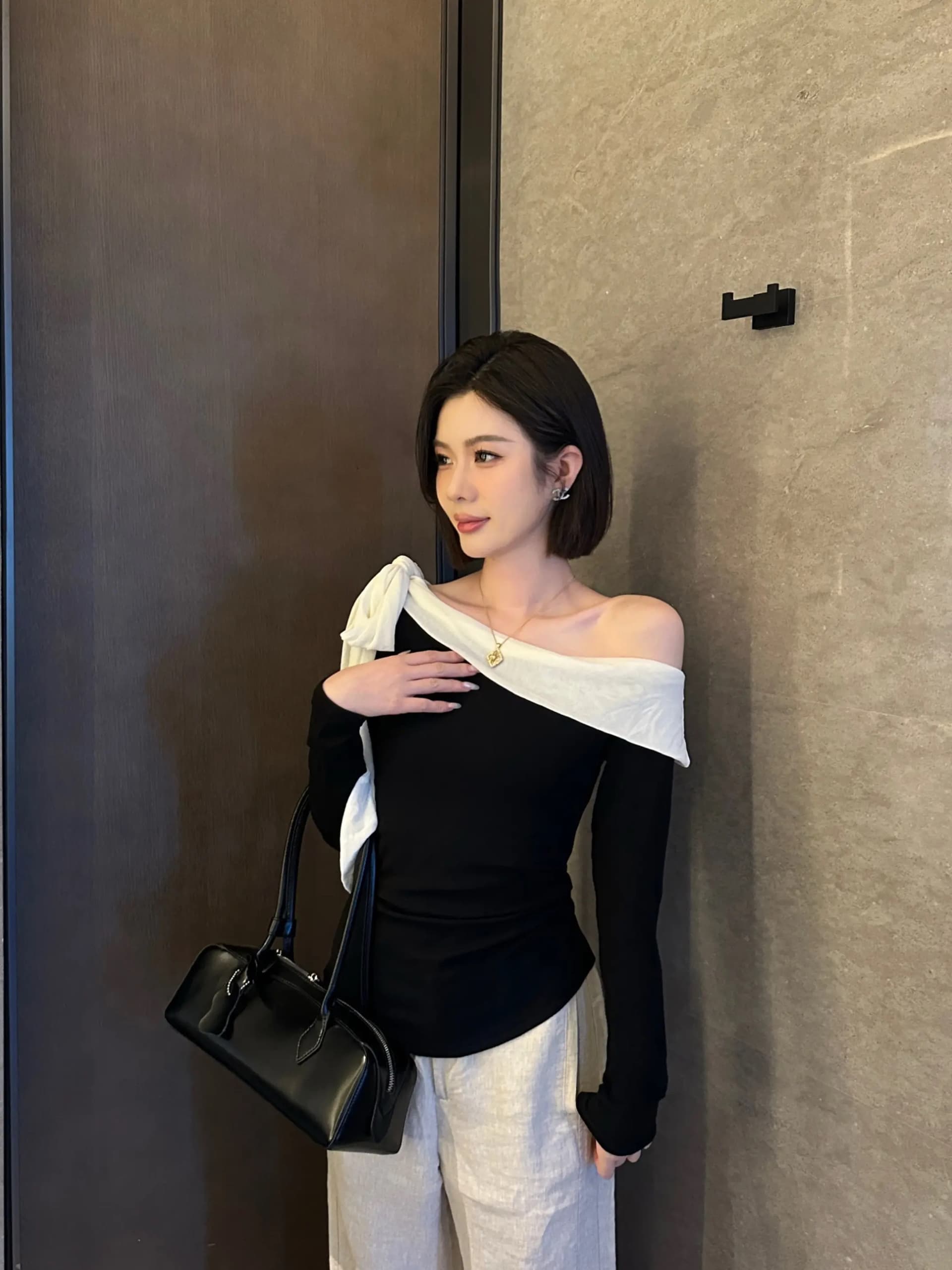yerunlu 프랑스식 Chic 나비 넥타이 오프숄더 니트 맨위 여성 가을 새로운 인사이드 가져 가라. 기본 셔츠 상세 이미지 1