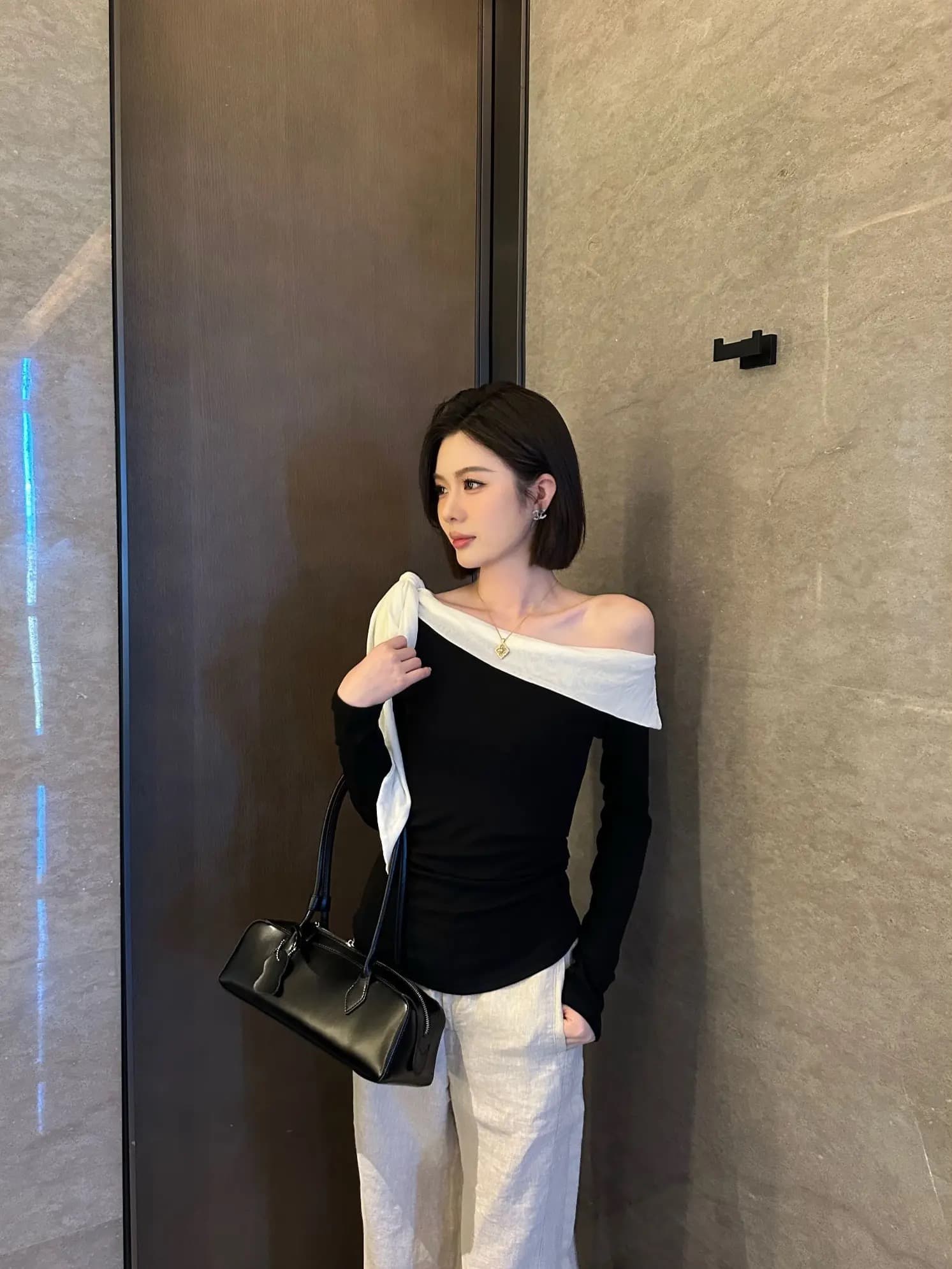 yerunlu 프랑스식 Chic 나비 넥타이 오프숄더 니트 맨위 여성 가을 새로운 인사이드 가져 가라. 기본 셔츠 상세 이미지 2