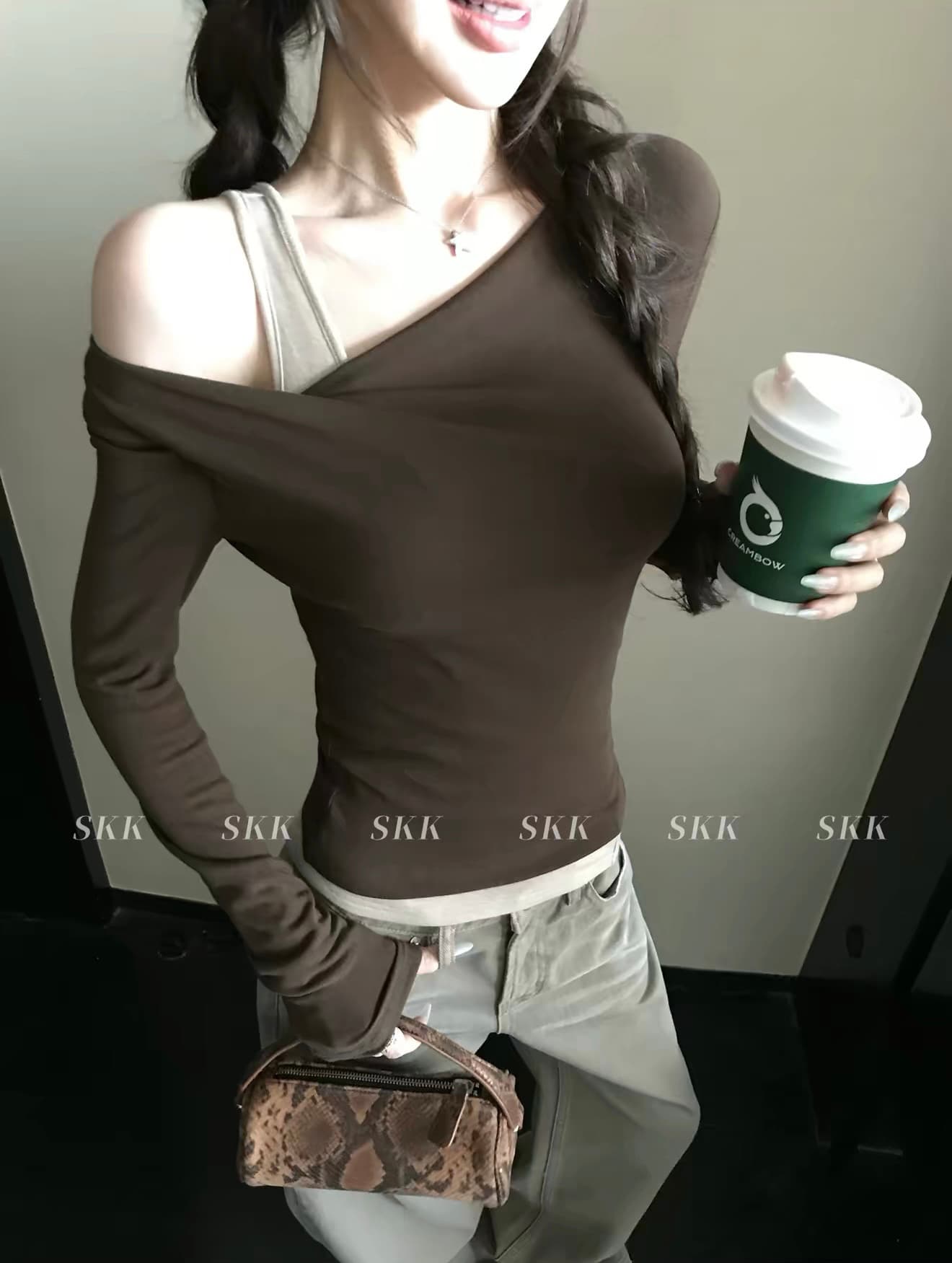흑단 떠 다니는 차 이른 가을 조금 작은 디자인 편안함 선택 주간 실크 양모 페이크 레이어드 오프숄더 긴팔 기본 셔츠