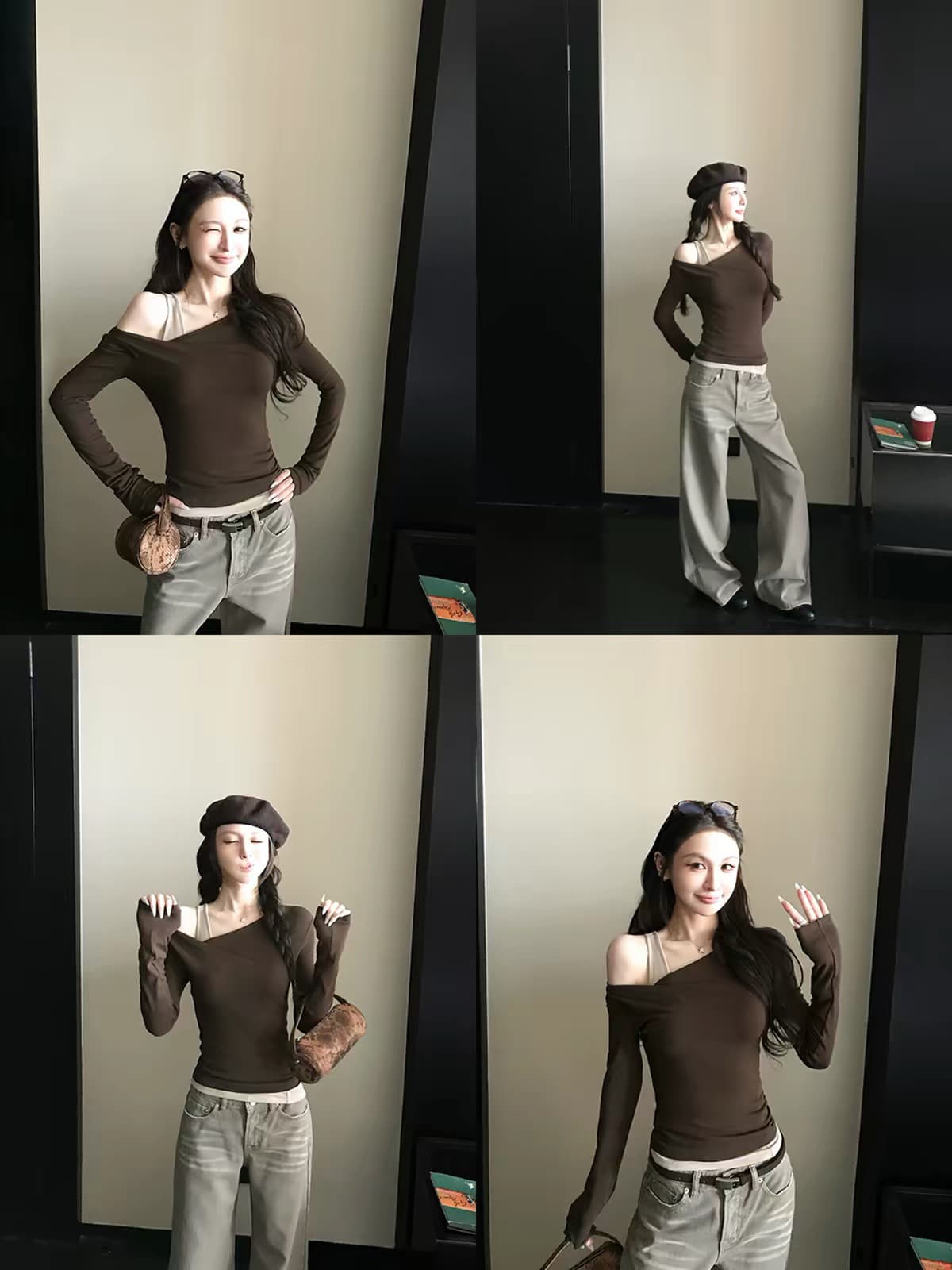 흑단 떠 다니는 차 이른 가을 조금 작은 디자인 편안함 선택 주간 실크 양모 페이크 레이어드 오프숄더 긴팔 기본 셔츠 이미지 3