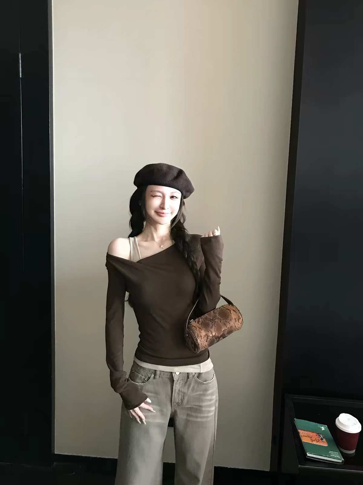 흑단 떠 다니는 차 이른 가을 조금 작은 디자인 편안함 선택 주간 실크 양모 페이크 레이어드 오프숄더 긴팔 기본 셔츠 이미지 4