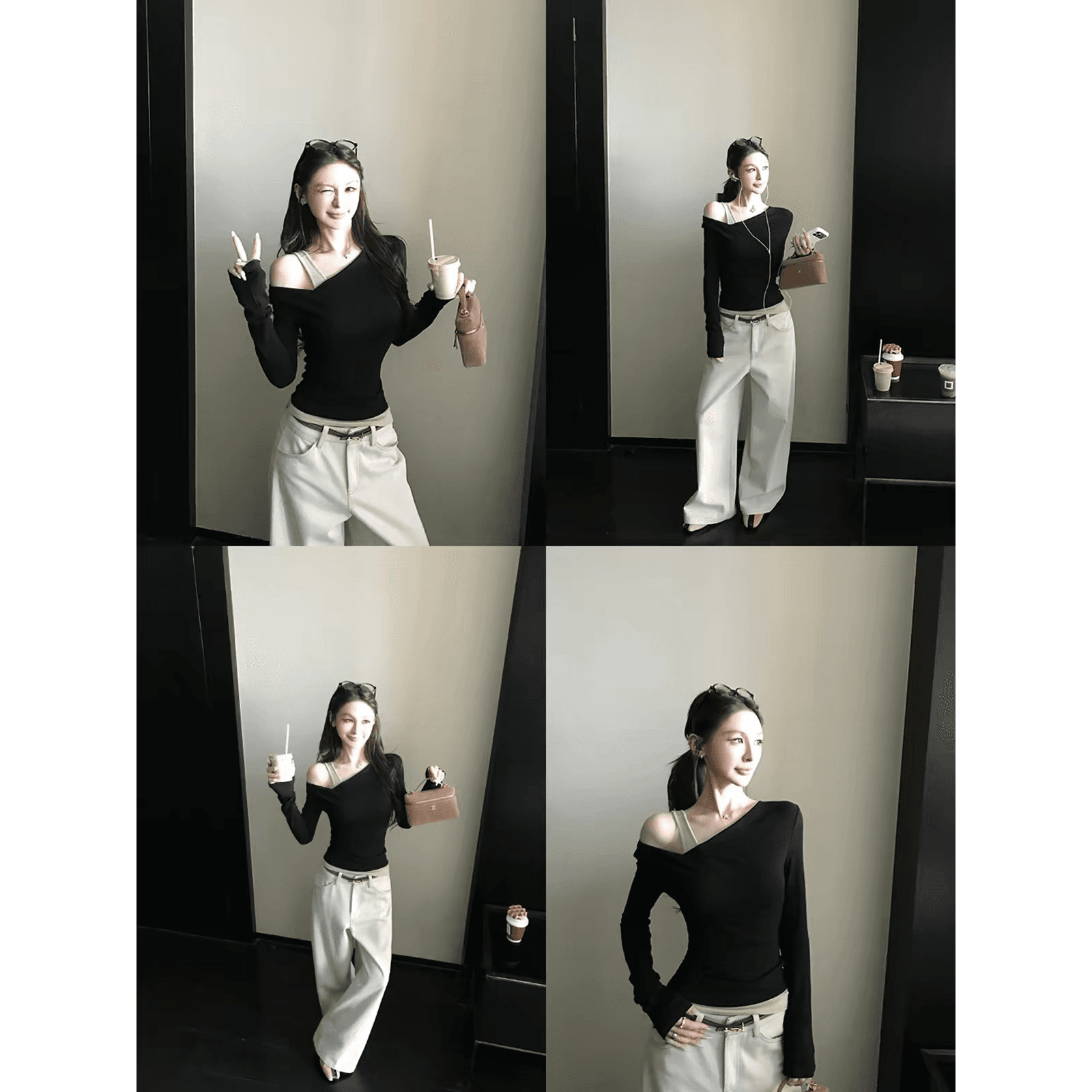 흑단 떠 다니는 차 이른 가을 조금 작은 디자인 편안함 선택 주간 실크 양모 페이크 레이어드 오프숄더 긴팔 기본 셔츠 이미지 5