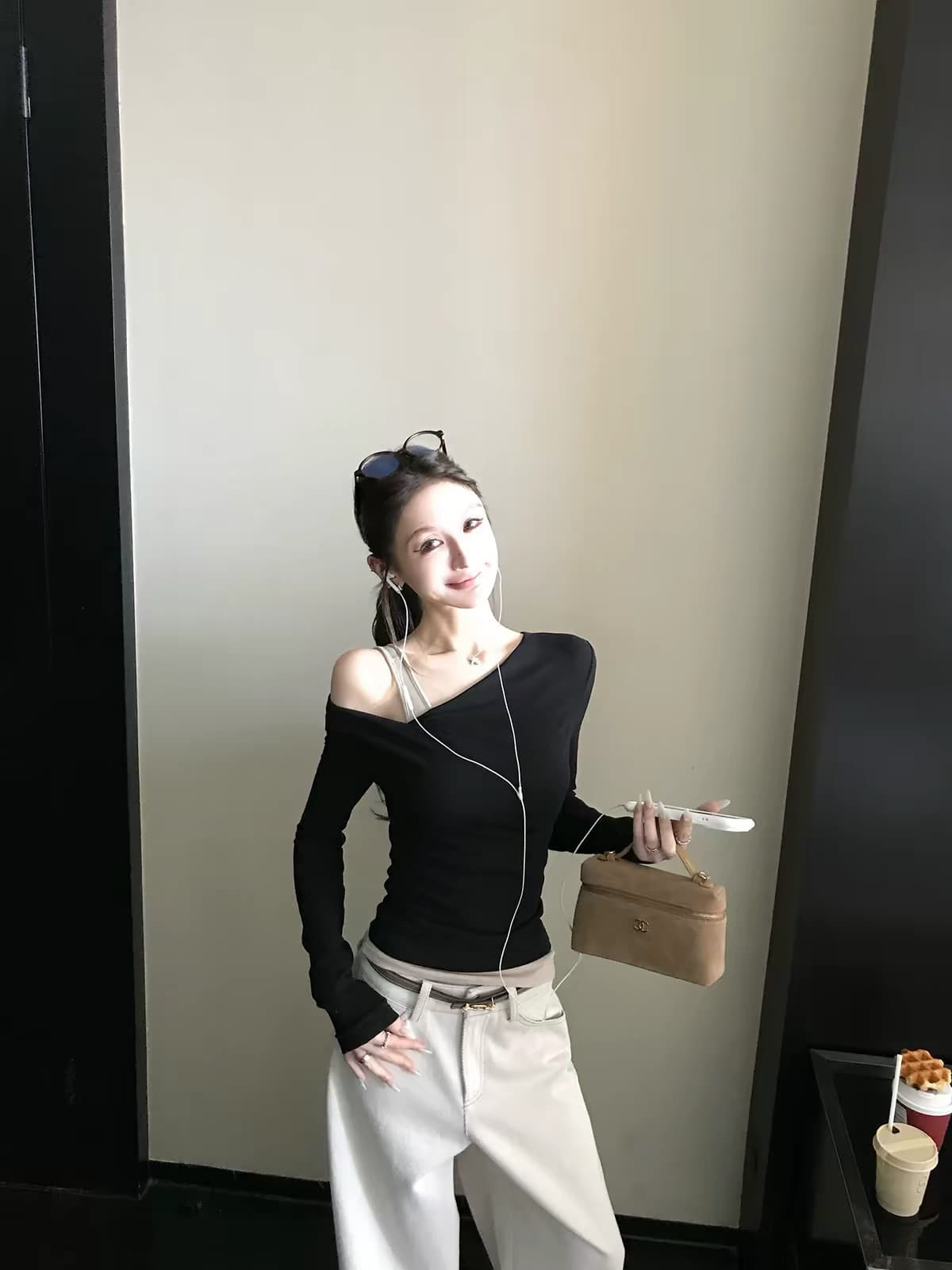 흑단 떠 다니는 차 이른 가을 조금 작은 디자인 편안함 선택 주간 실크 양모 페이크 레이어드 오프숄더 긴팔 기본 셔츠 상세 이미지 2