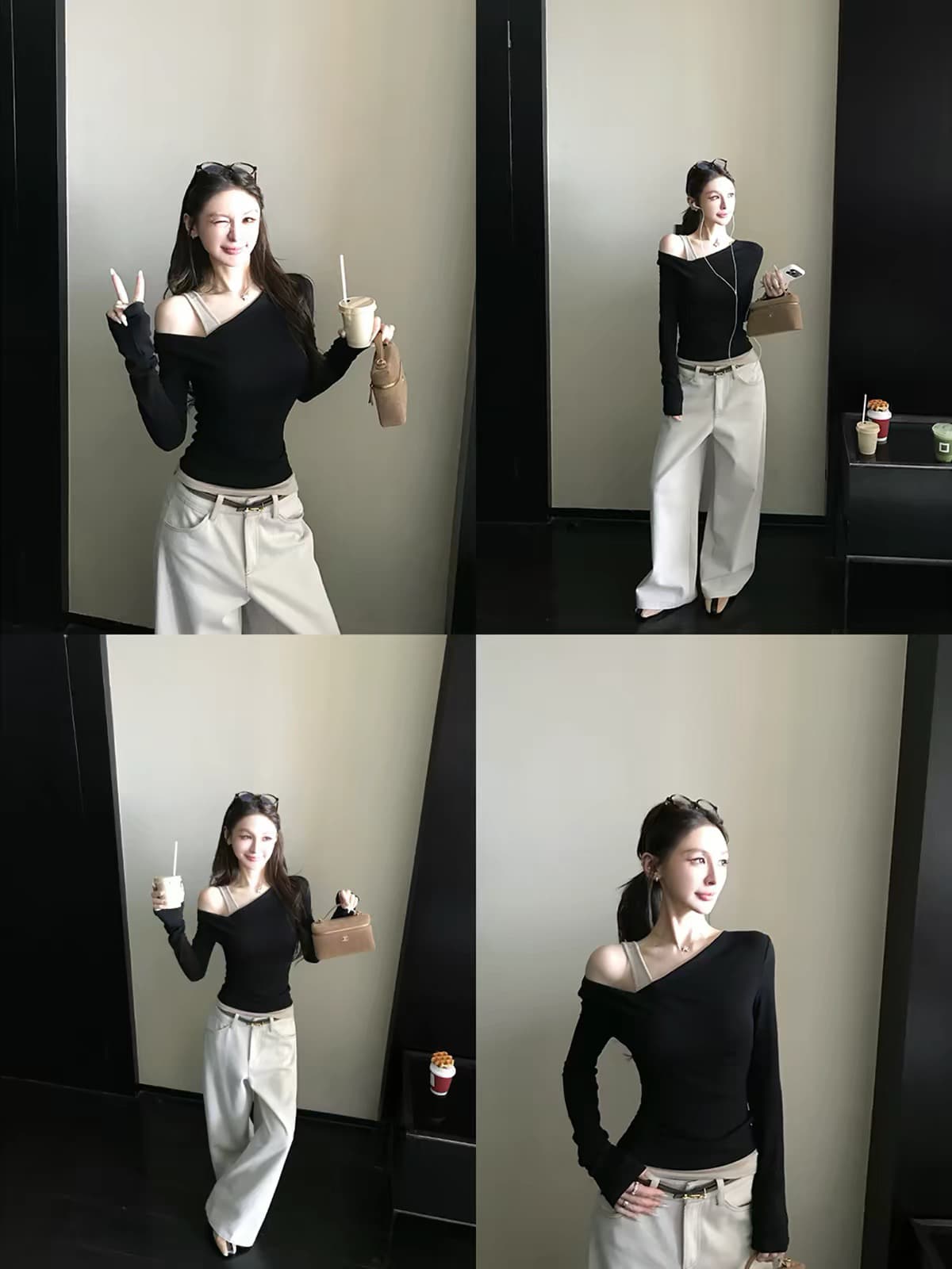 흑단 떠 다니는 차 이른 가을 조금 작은 디자인 편안함 선택 주간 실크 양모 페이크 레이어드 오프숄더 긴팔 기본 셔츠 상세 이미지 5