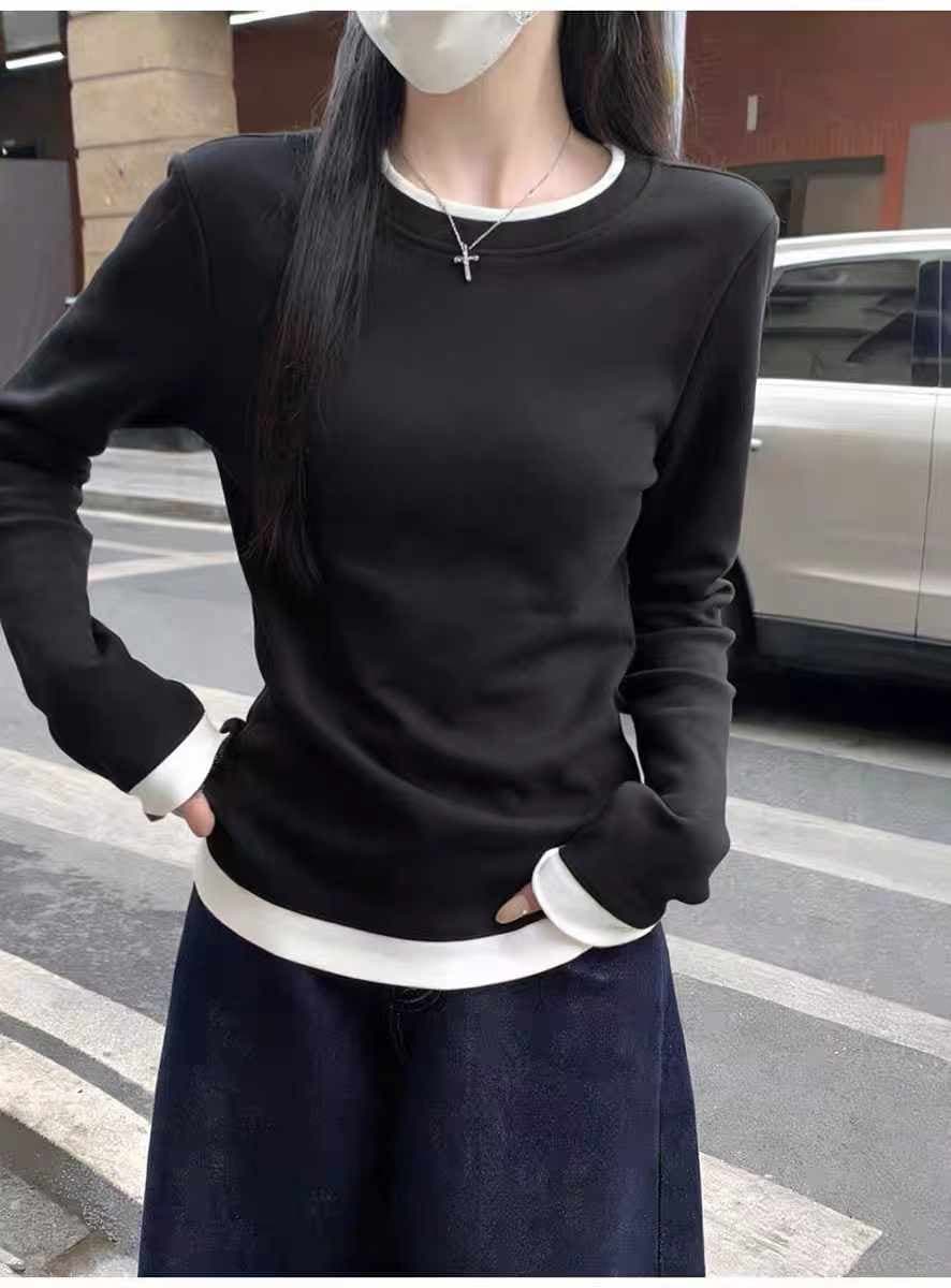 긍정적 인 어깨 티셔츠 여성 페이크 레이어드 한 부서 디자인 센스 작은 대중 배색 스택 착용 기본 셔츠 몸매 가꾸기 슬림해 보이는 긴팔 맨위 이미지 4