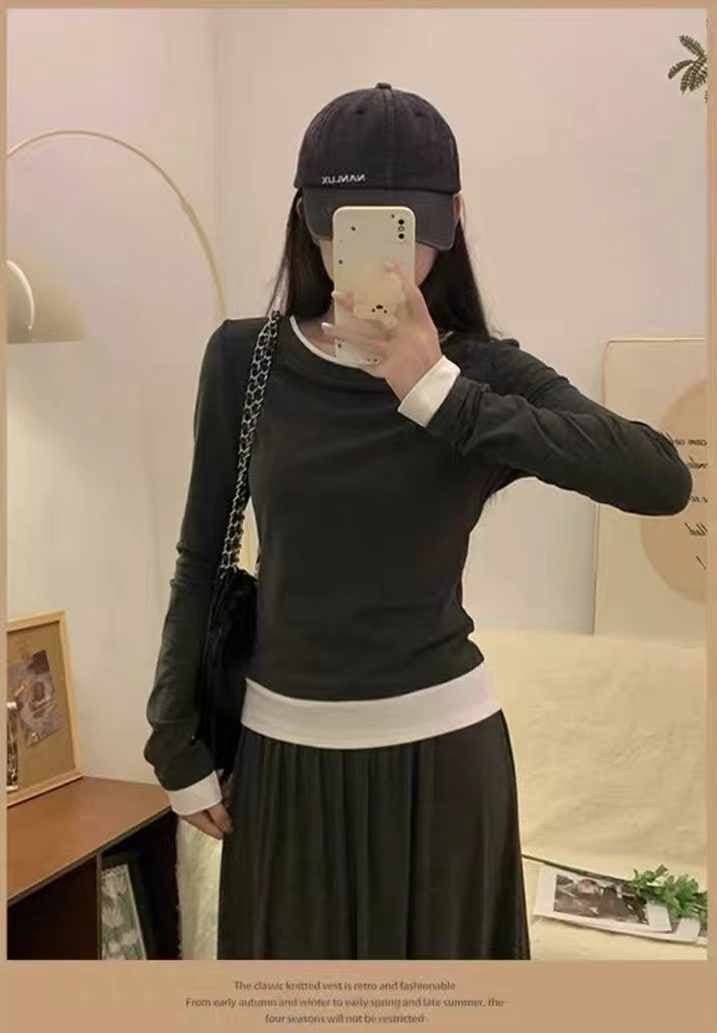 긍정적 인 어깨 티셔츠 여성 페이크 레이어드 한 부서 디자인 센스 작은 대중 배색 스택 착용 기본 셔츠 몸매 가꾸기 슬림해 보이는 긴팔 맨위 상세 이미지 4
