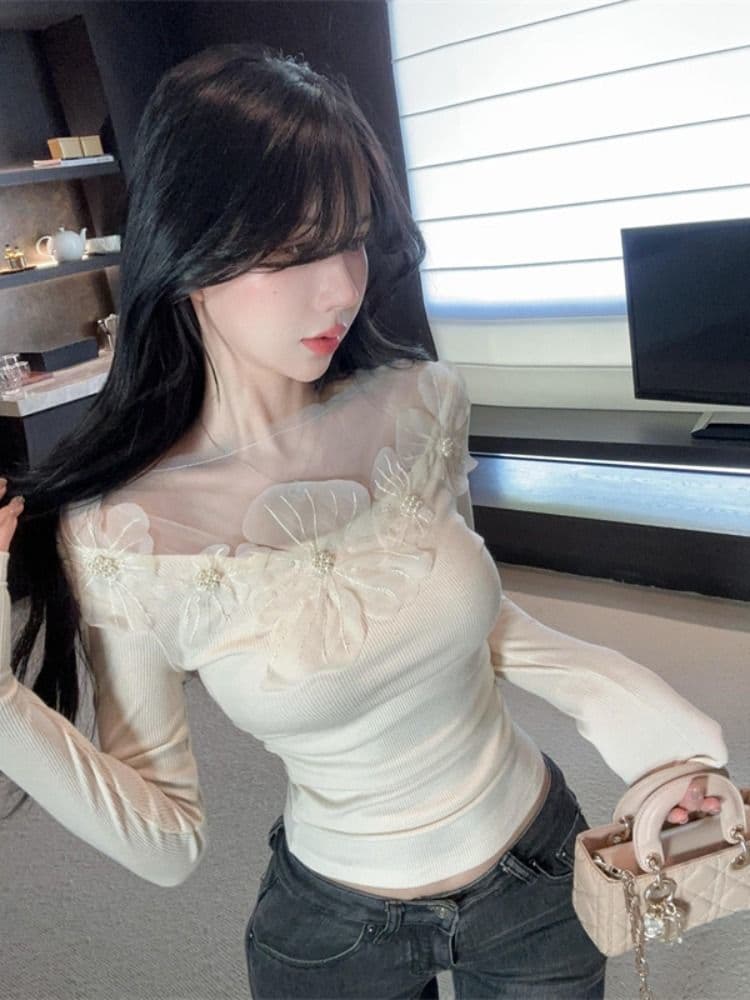 2026 3 차원 꽃 긴팔 티셔츠 여성 봄 가을 새로운 고급 센스 아름다운 몸매 가꾸기 슬림해 보이는 기본 셔츠 맨위 상세 이미지 9