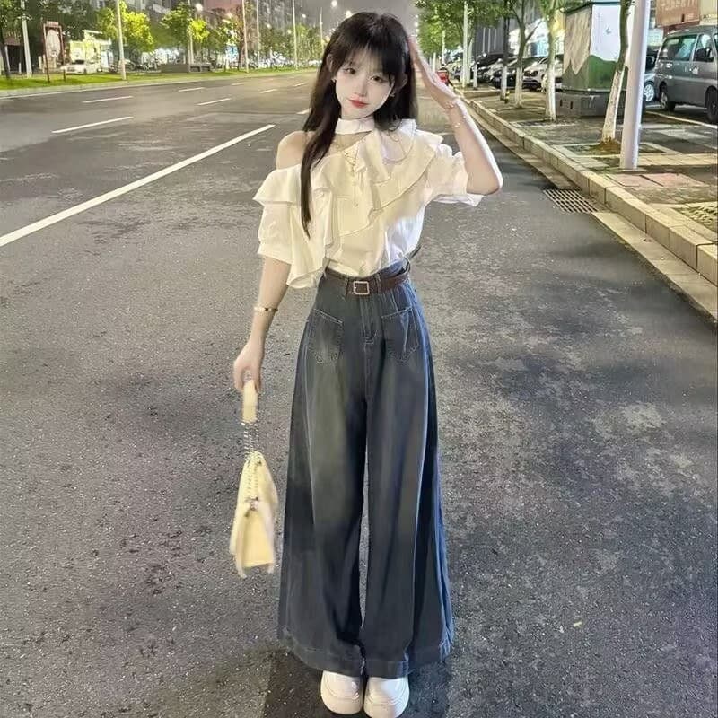 프릴 프랑스식 행침 목 화이트 여성 셔츠 고급 센스 여름 순수한 욕망 바람 섹시함 비스듬한 어깨 외국 가스 반팔 맨위 상세 이미지 2
