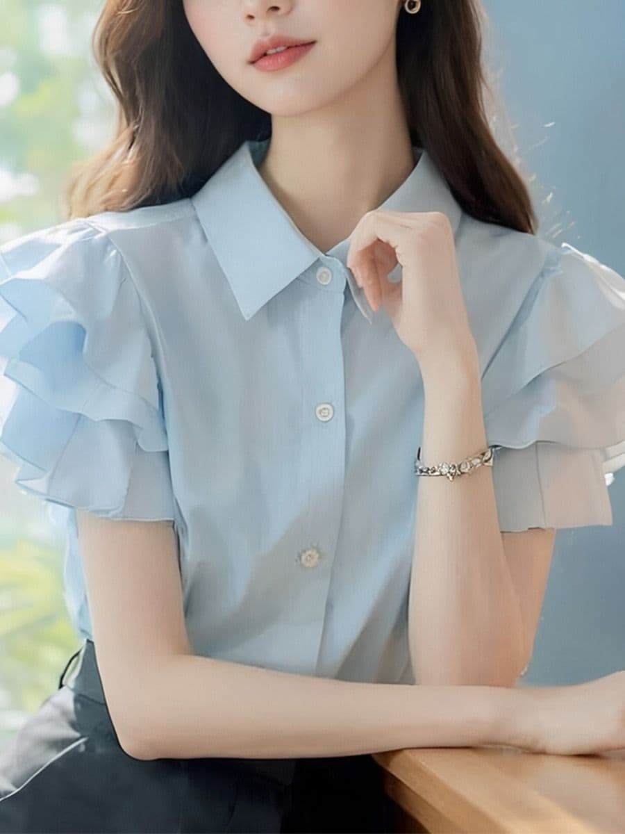 유럽 상품 아름다운 패션 캐주얼 품격 고급 센스 슈퍼 잘 생긴 맨위 파란색 프릴 반팔 여성 셔츠 여름 상세 이미지 4