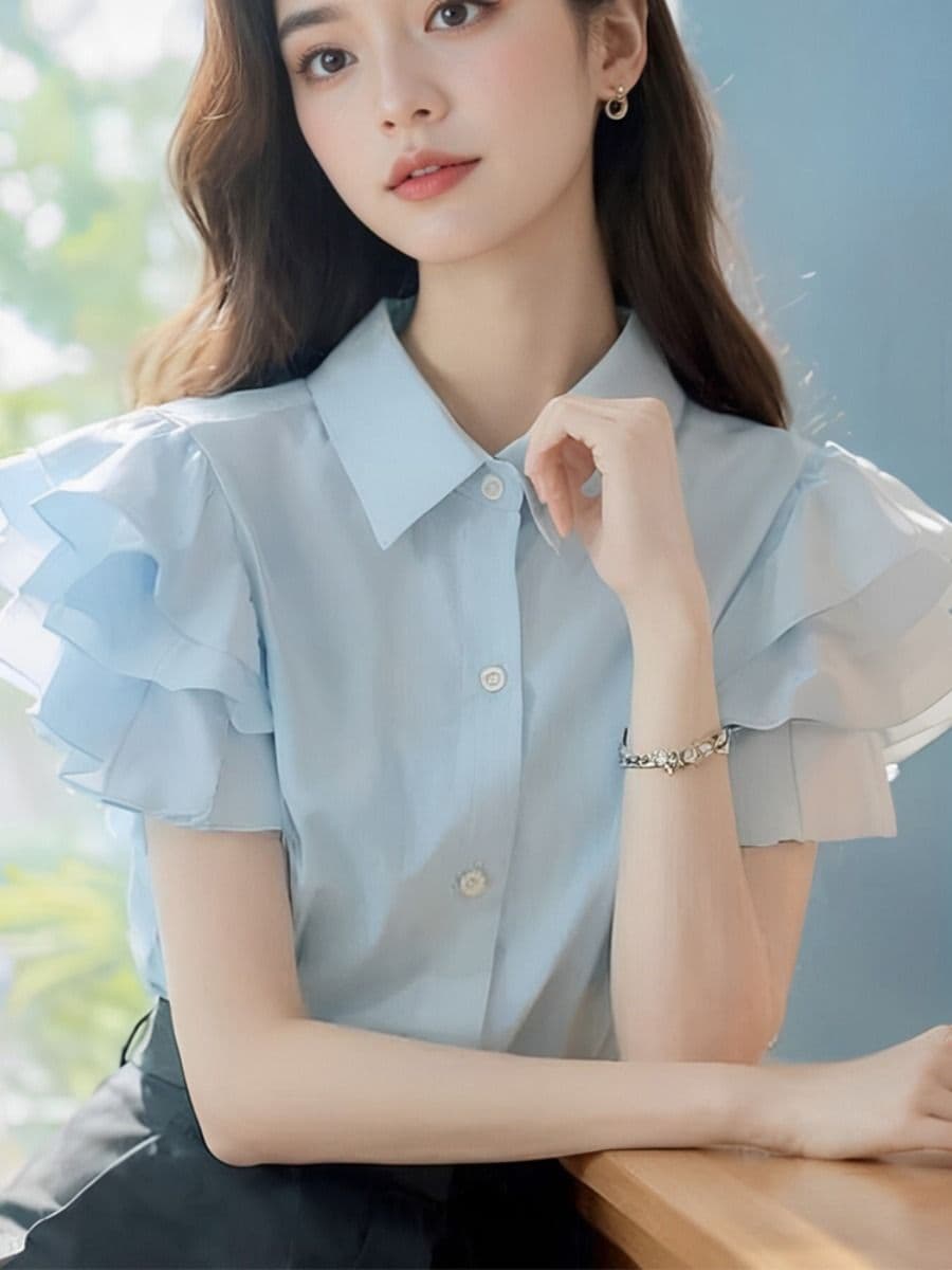 유럽 상품 아름다운 패션 캐주얼 품격 고급 센스 슈퍼 잘 생긴 맨위 파란색 프릴 반팔 여성 셔츠 여름 상세 이미지 6