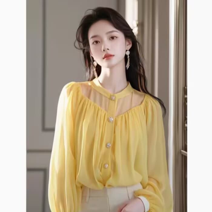 황색 연령 감소 잘 생긴 ~ 중 시폰 셔츠 여성 봄 가을 새로운 빛 럭셔리 고급 센스 고유 한 아름다운 요정 가스 펄럭 이는 맨위 상세 이미지 6