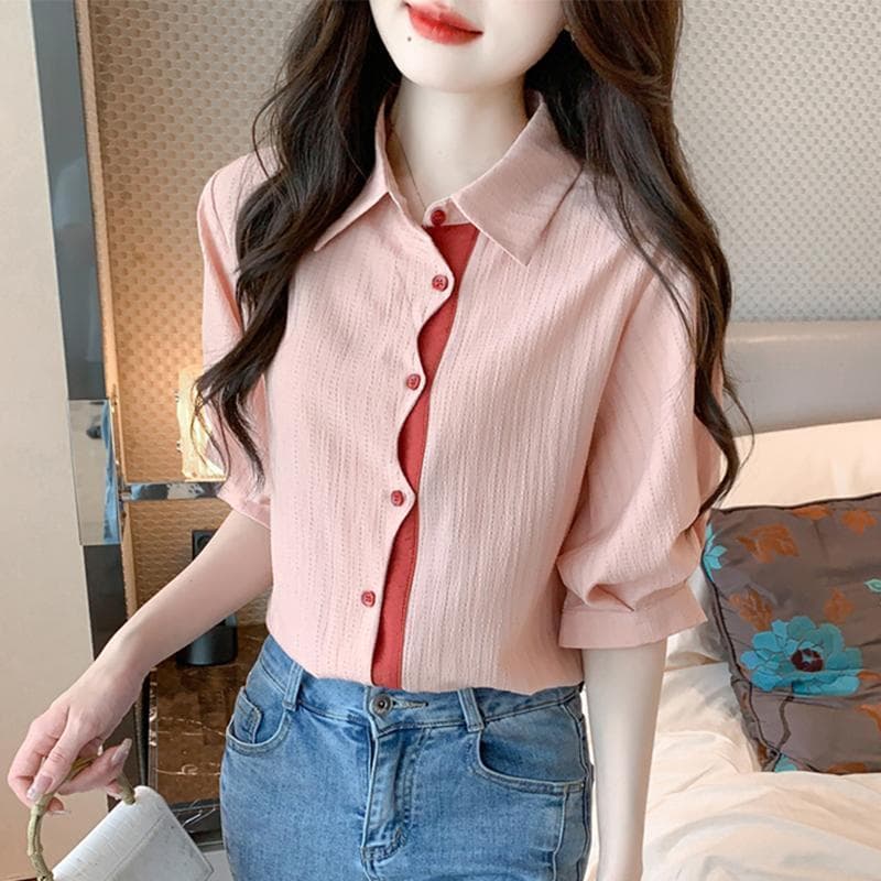불규칙 패치워크 색상 쉬폰 셔츠 여성 2026 여름 새로운 루즈핏 수신 Pleat 반팔 셔츠 다용도 품격 맨위 이미지 2