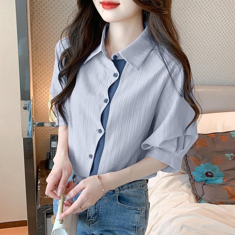 불규칙 패치워크 색상 쉬폰 셔츠 여성 2026 여름 새로운 루즈핏 수신 Pleat 반팔 셔츠 다용도 품격 맨위